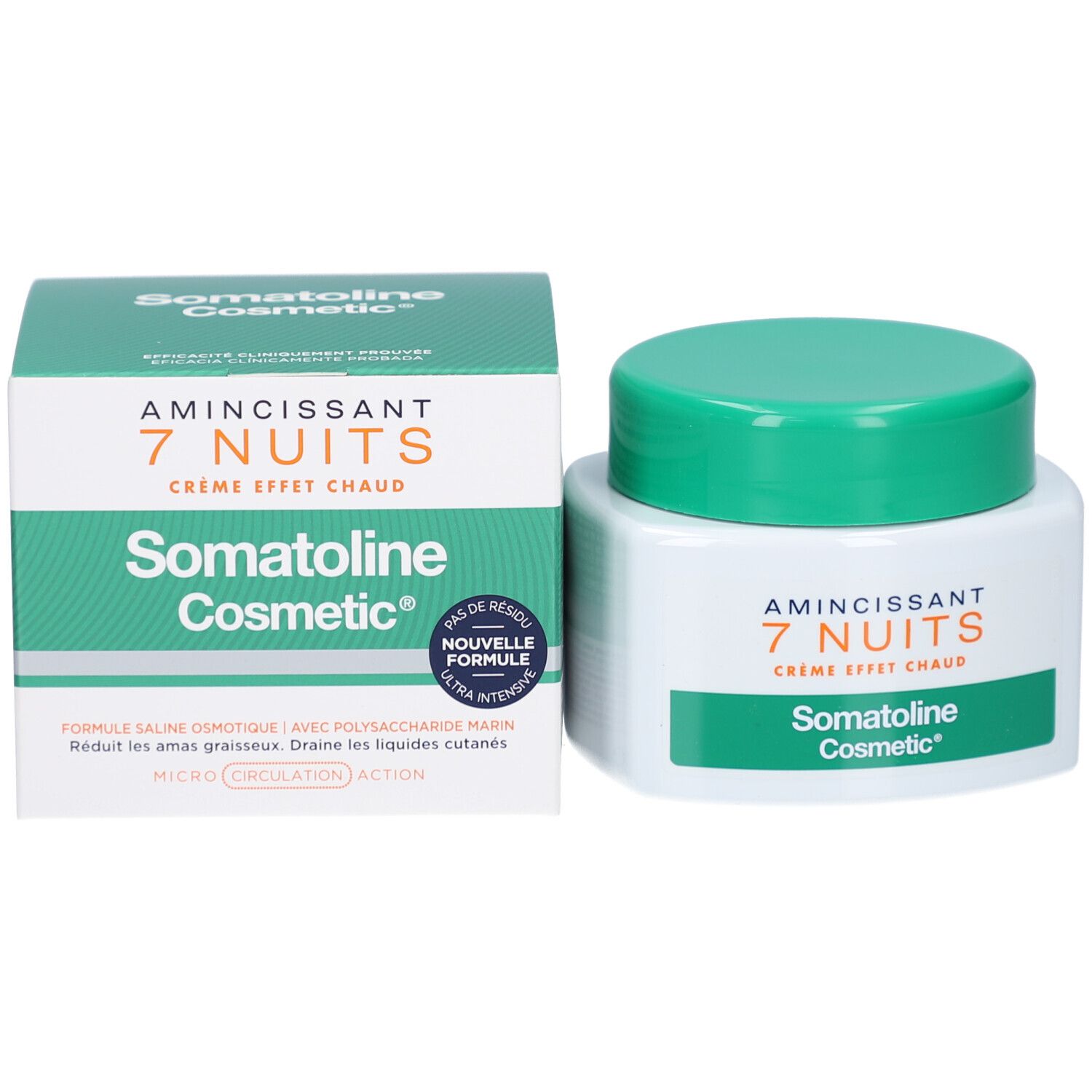 Produktverpackung und Tiegel. Verpackung: grün-weiß. Aufschrift: Amincissant 7 Nuits Crème Effet Chaud. Marke: Somatoline Cosmetic.