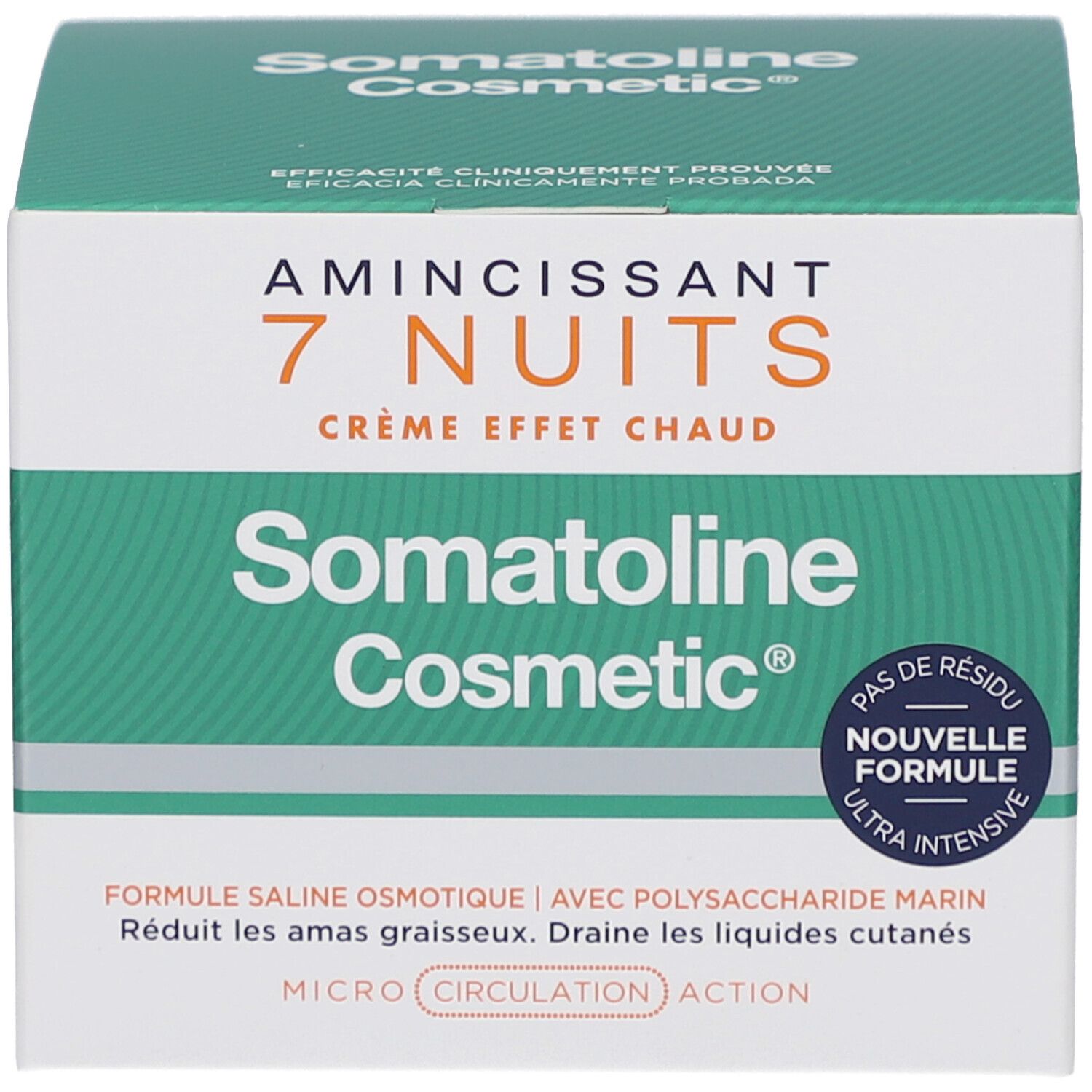Grüne Produktverpackung. Aufschrift: Amincissant 7 Nuits Crème Effet Chaud. Marke: Somatoline Cosmetic. Text: Nouvelle Formule.