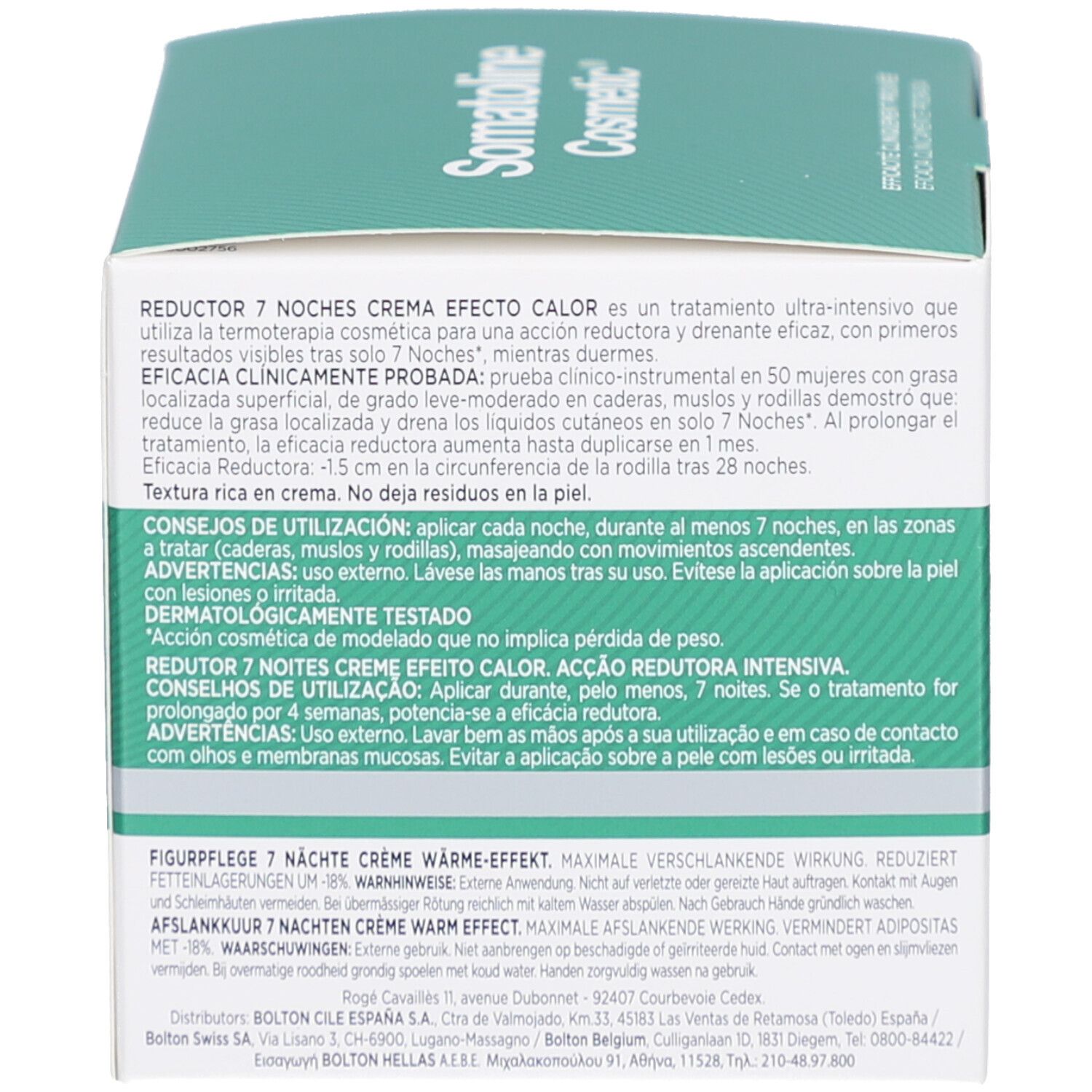 Rückseite der grünen Produktverpackung. Text in mehreren Sprachen. Aufschrift: Dermatologisch getestet.