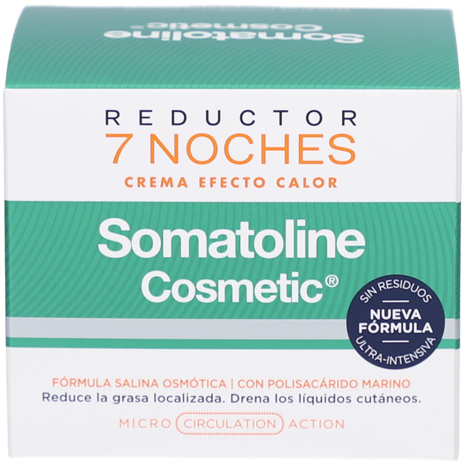 Grüne Produktverpackung. Aufschrift: Reductor 7 Noches Crema Efecto Calor. Marke: Somatoline Cosmetic. Text: Nueva Fórmula.