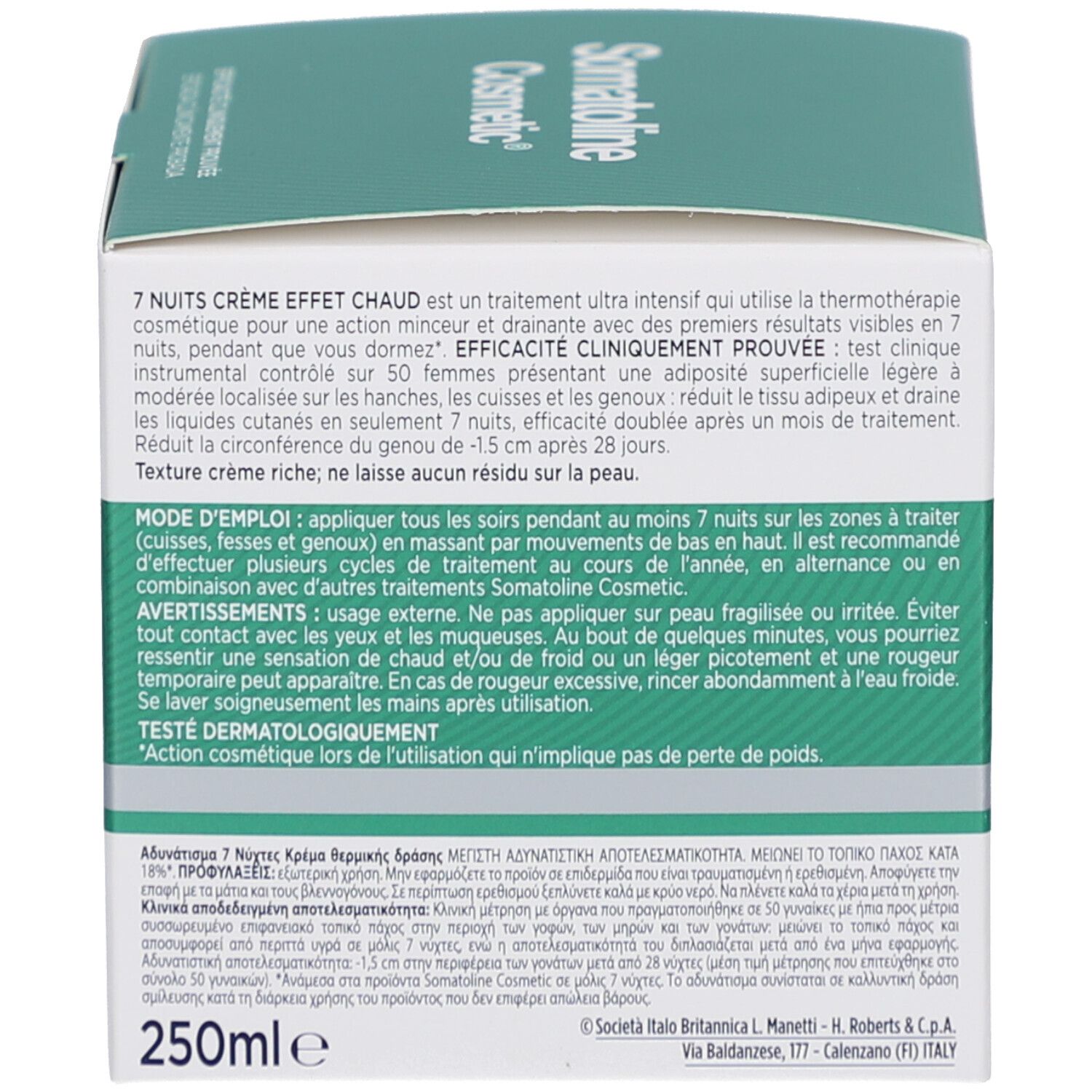 Rückseite der grünen Produktverpackung. Text in mehreren Sprachen. Aufschrift: Dermatologisch getestet. Volumen: 250ml.