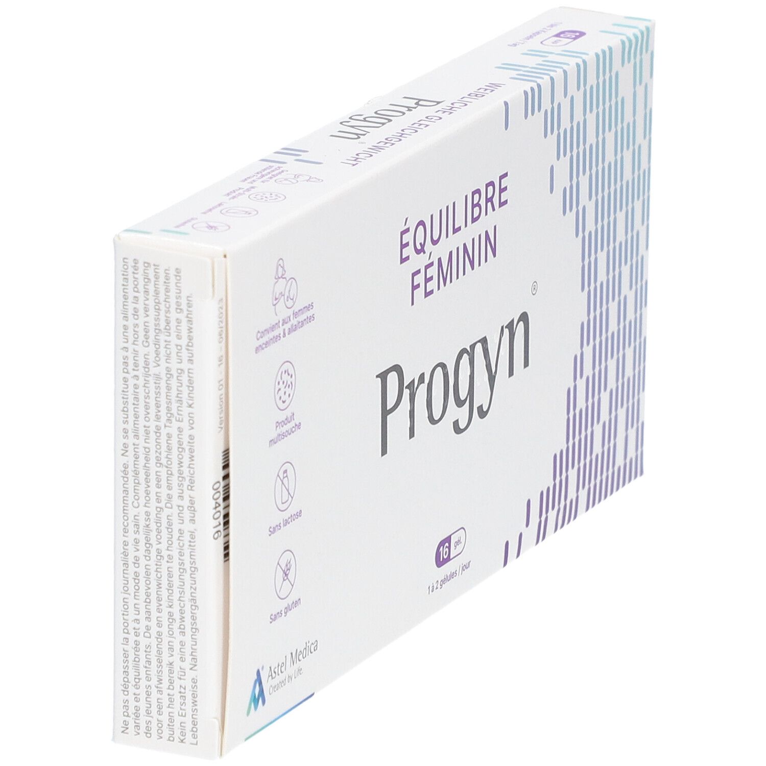 Verpakking "Progyn", "Équilibre Féminin". Bevat 16 capsules. Logo Astel Medica. Franse tekst. Zijaanzicht.