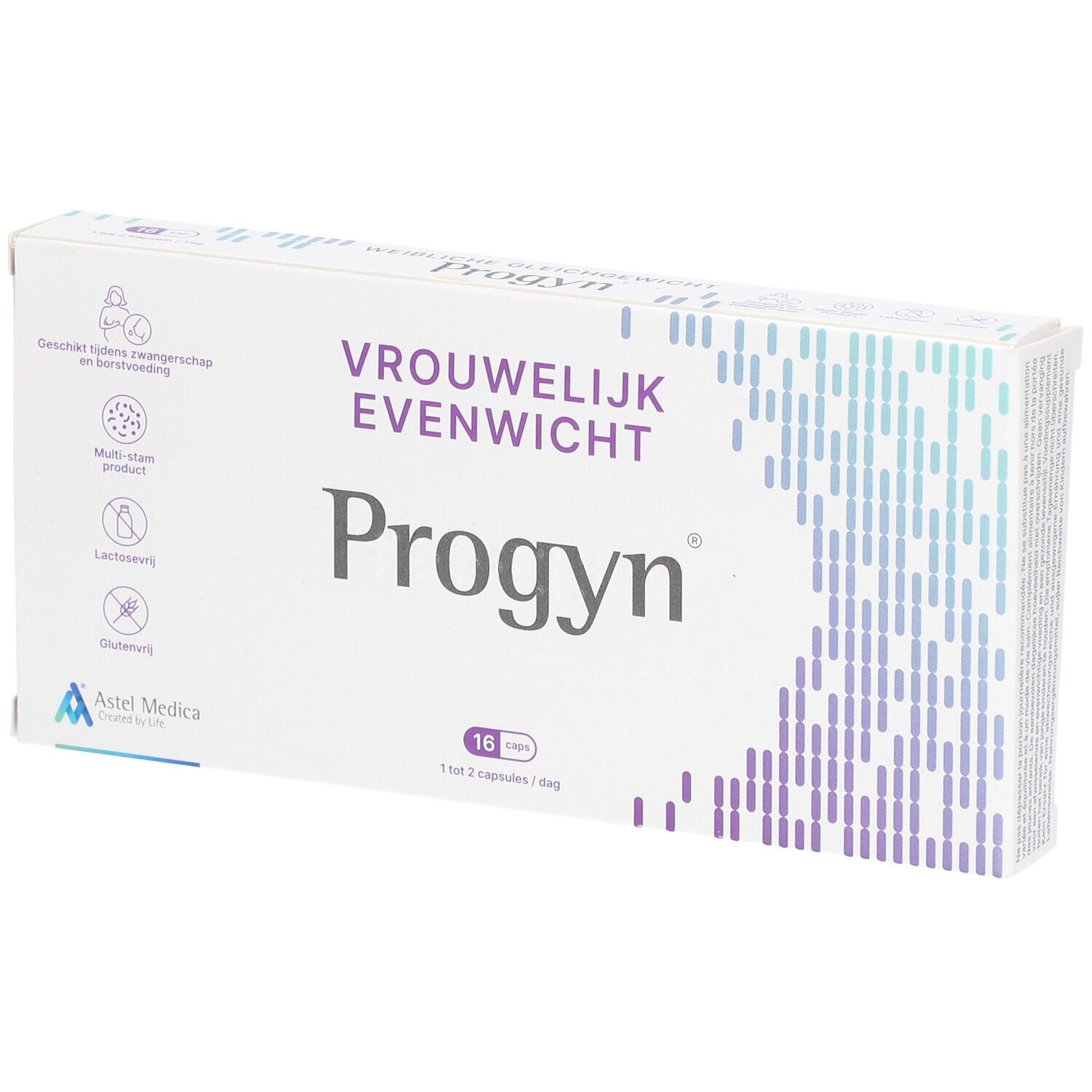 Verpakking "Progyn", "Vrouwelijk Evenwicht". Bevat 16 capsules. Logo Astel Medica. Nederlandse tekst.