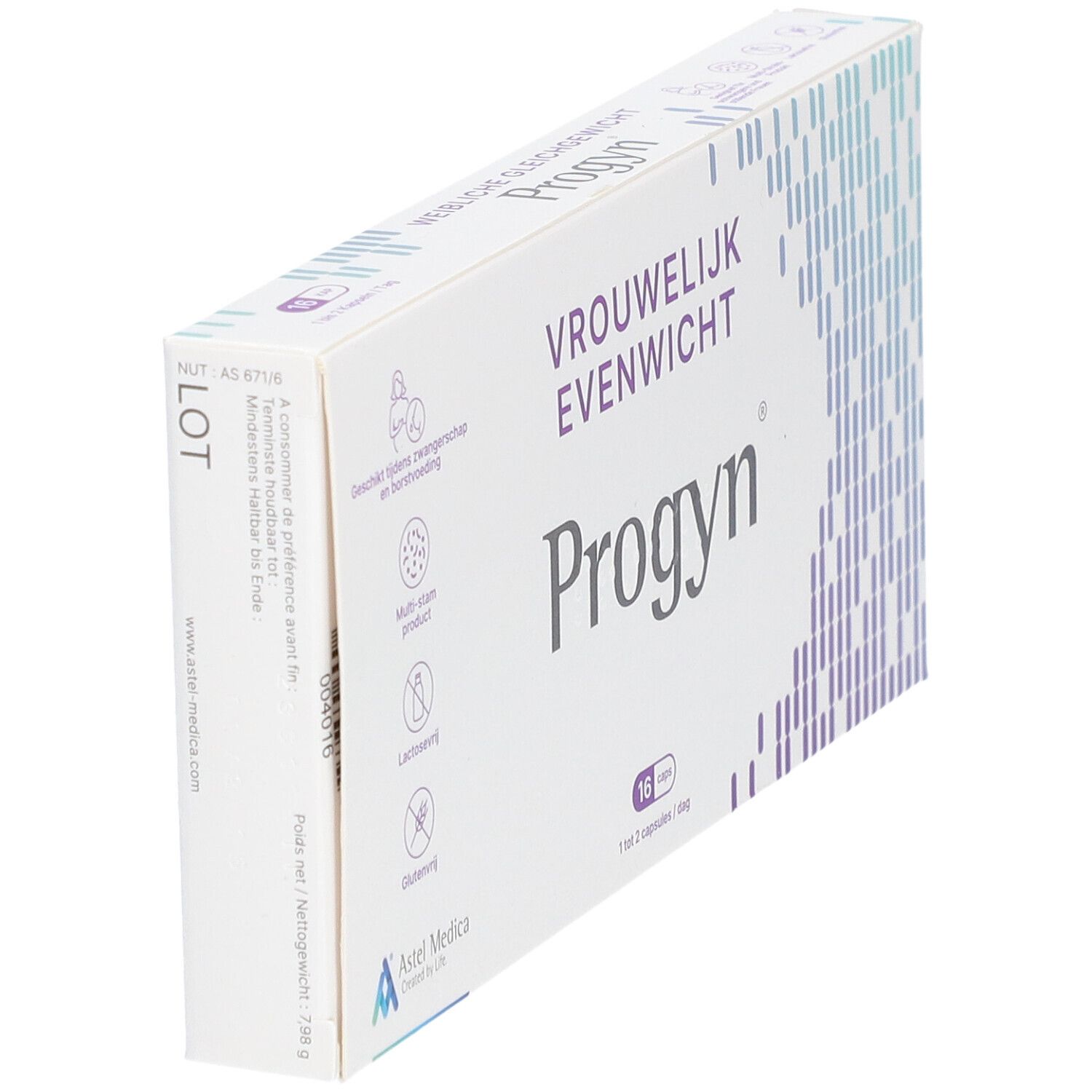 Verpakking "Progyn", "Vrouwelijk Evenwicht". Bevat 16 capsules. Logo Astel Medica. Nederlandse tekst. Zijaanzicht.