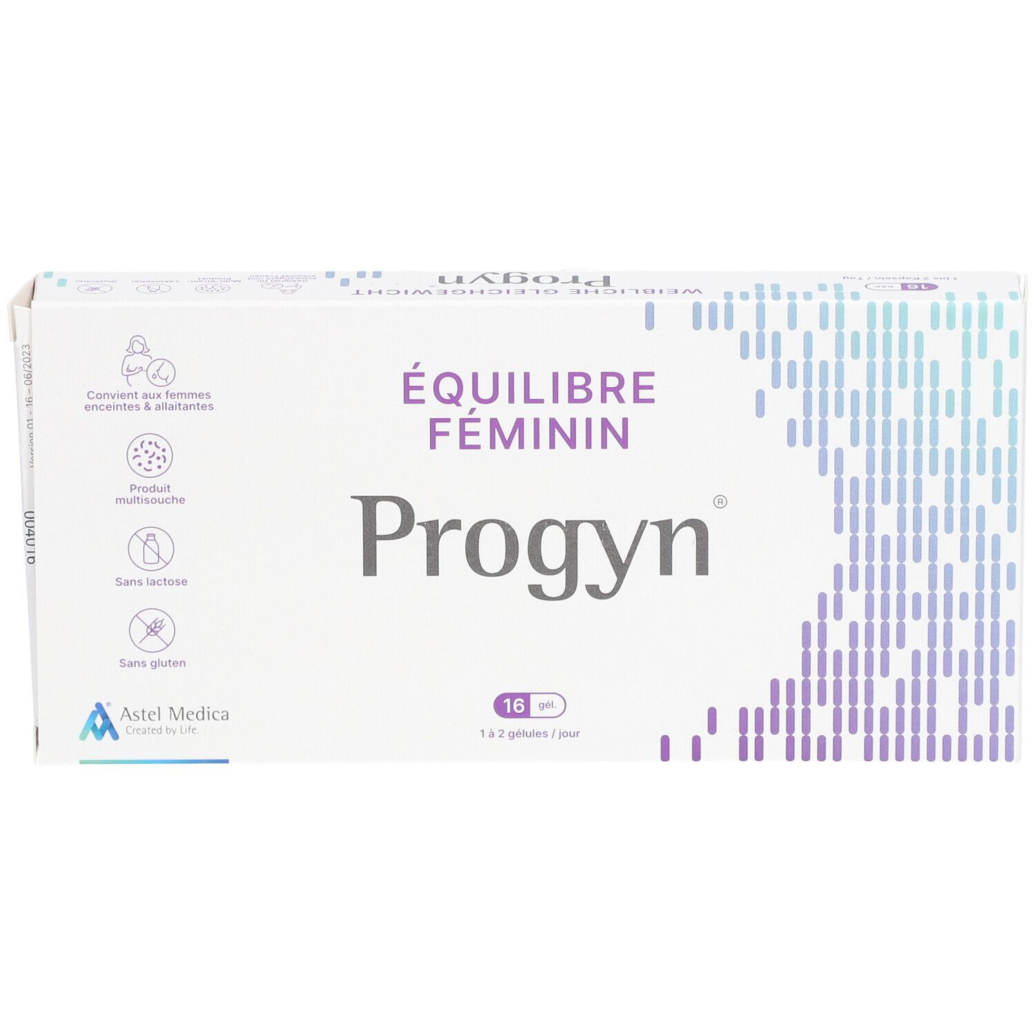 Verpakking "Progyn", "Équilibre Féminin". Bevat 16 capsules. Logo Astel Medica. Voor zwangere en borstvoeding gevende vrouwen.