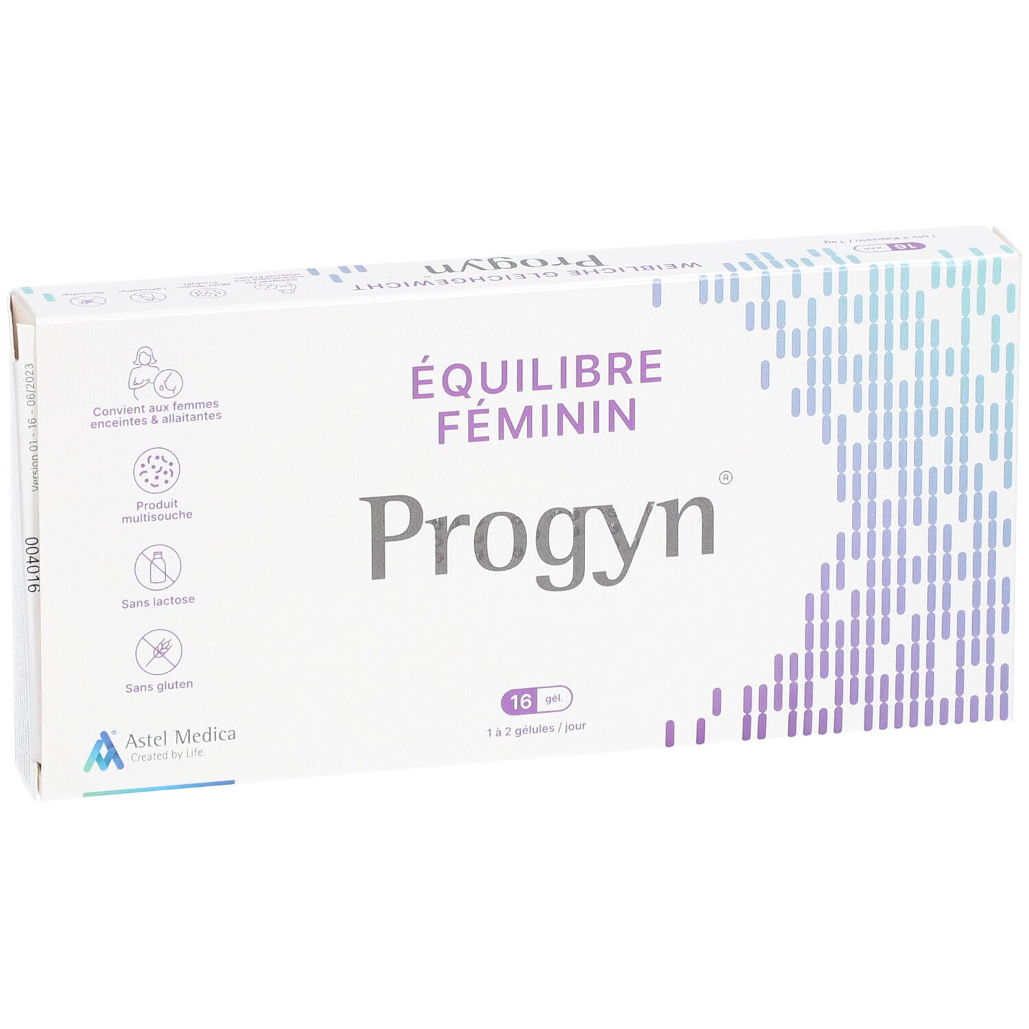 Verpakking "Progyn", "Équilibre Féminin". Bevat 16 capsules. Logo Astel Medica. Voor zwangere en borstvoeding gevende vrouwen.