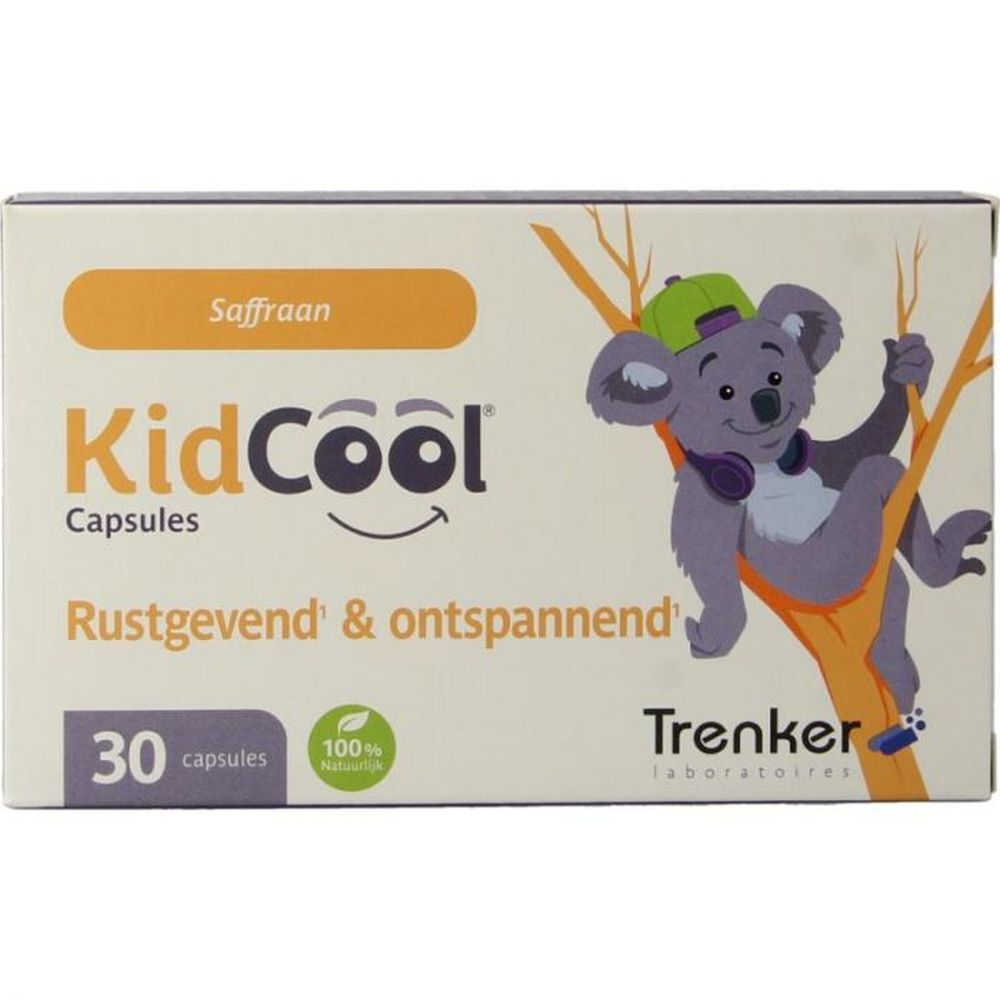 Verpakking capsules met koala-illustratie. Bevat 30 capsules. Opschrift: KidCool, Rustgevend & ontspannend. Merk Trenker.