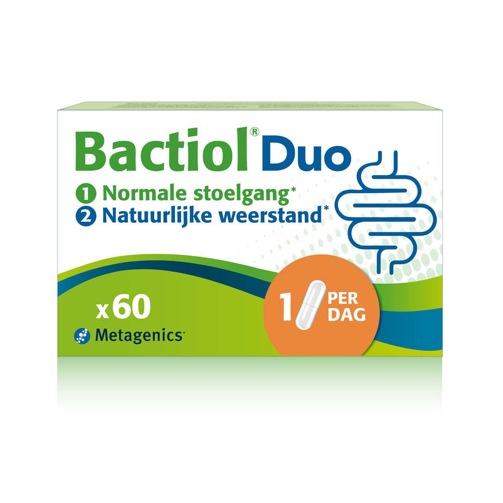 Bactioli Duo verpakking. Opschrift: 60 capsules. Groen-witte verpakking. Darm-symbool. 1 capsule per dag.