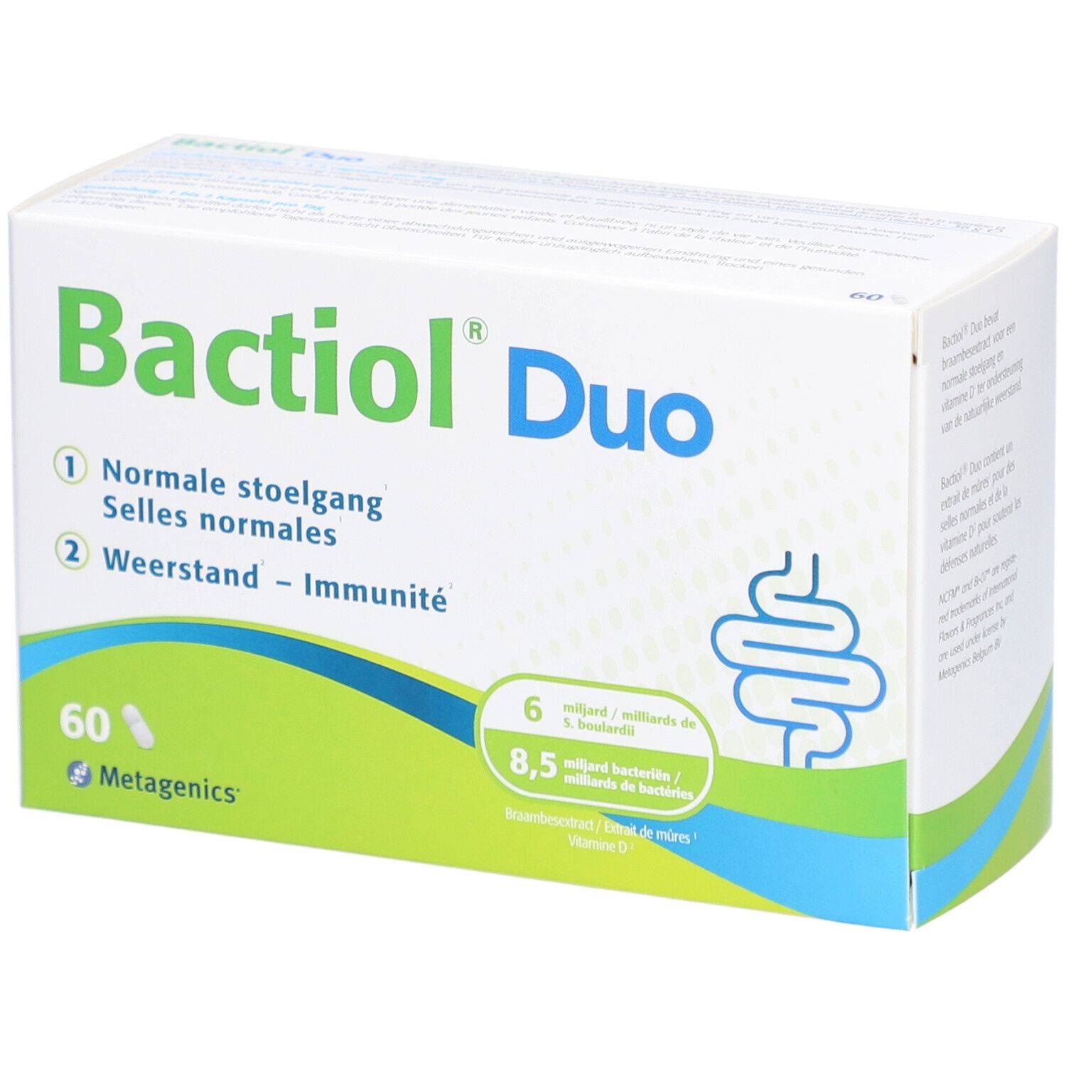 Boîte de Bactioli Duo. Inscription : 60 gélules. Emballage vert et blanc. Symbole intestinal.