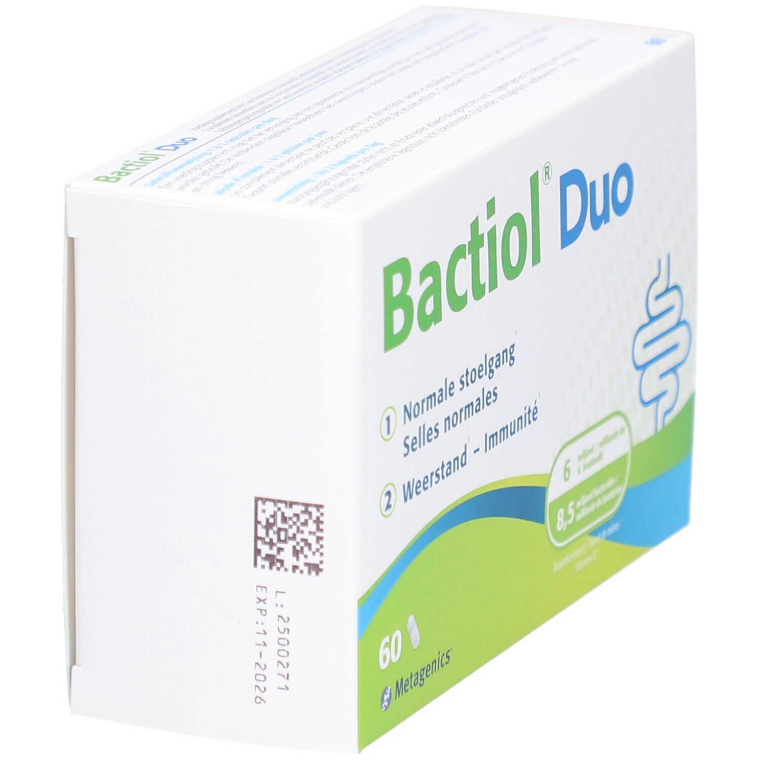 Boîte de Bactioli Duo. Emballage blanc avec des accents verts et bleus. Symbole intestinal.