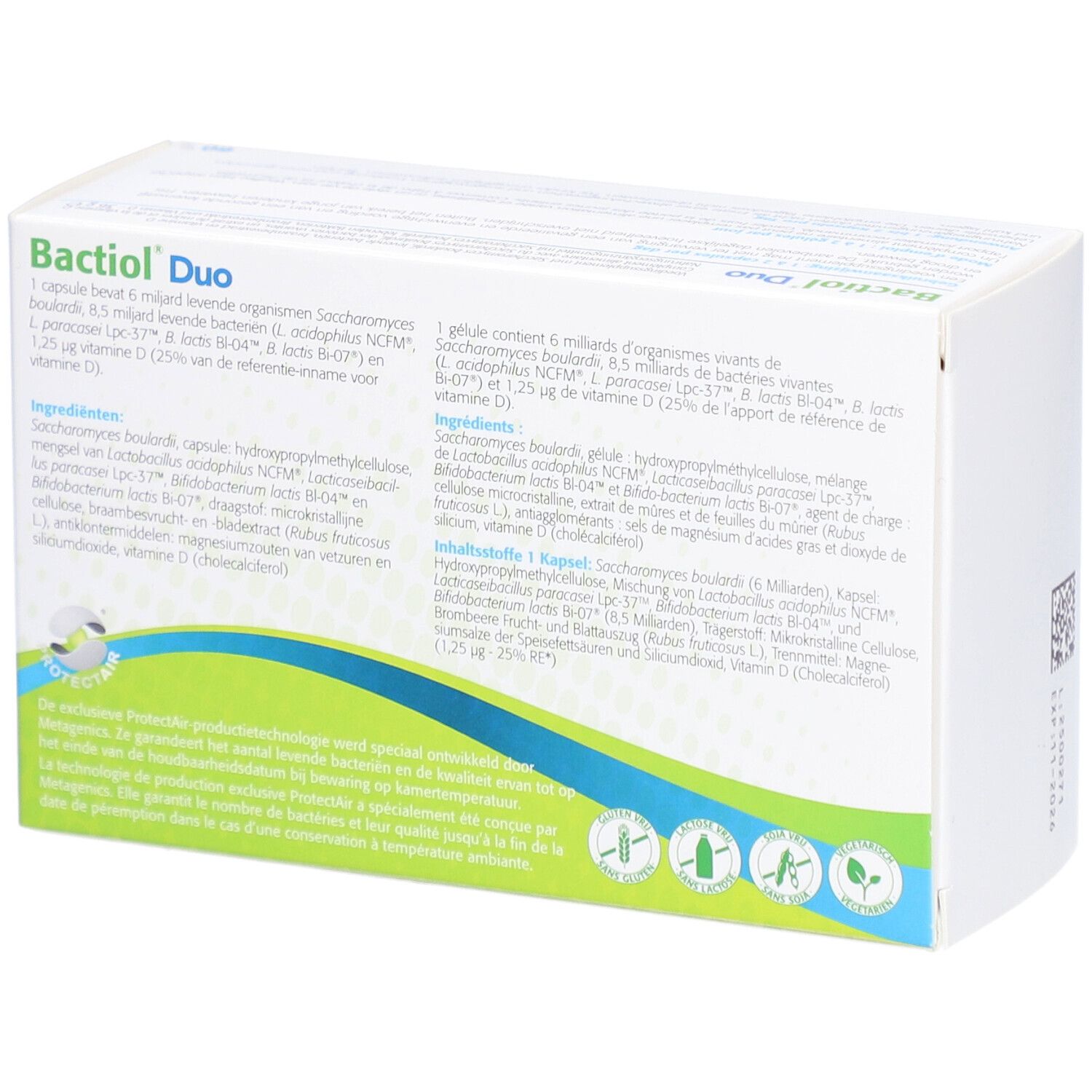 Dos de la boîte Bactioli Duo. Texte multilingue. Liste des ingrédients et informations nutritionnelles.