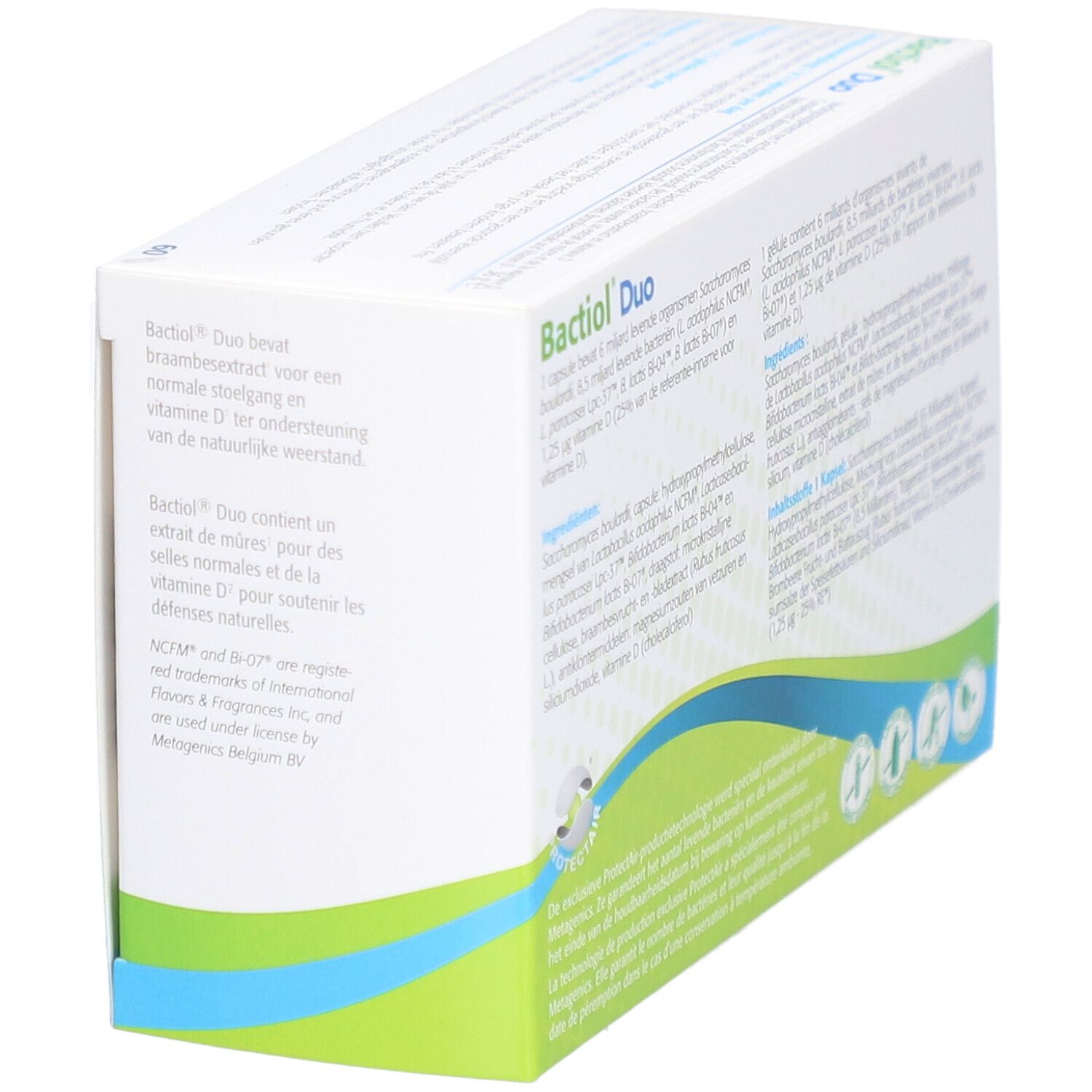 Dos de la boîte Bactioli Duo. Texte multilingue. Informations sur le produit.