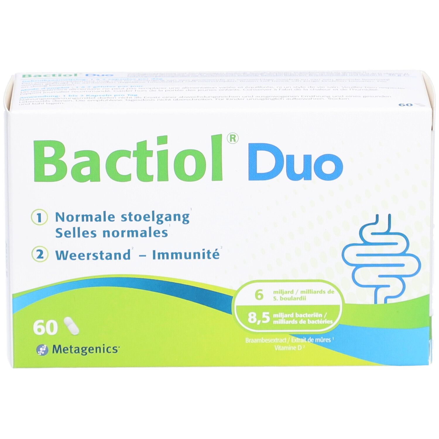 Boîte de Bactioli Duo. Inscription : 60 gélules. Emballage vert et blanc. Symbole intestinal.