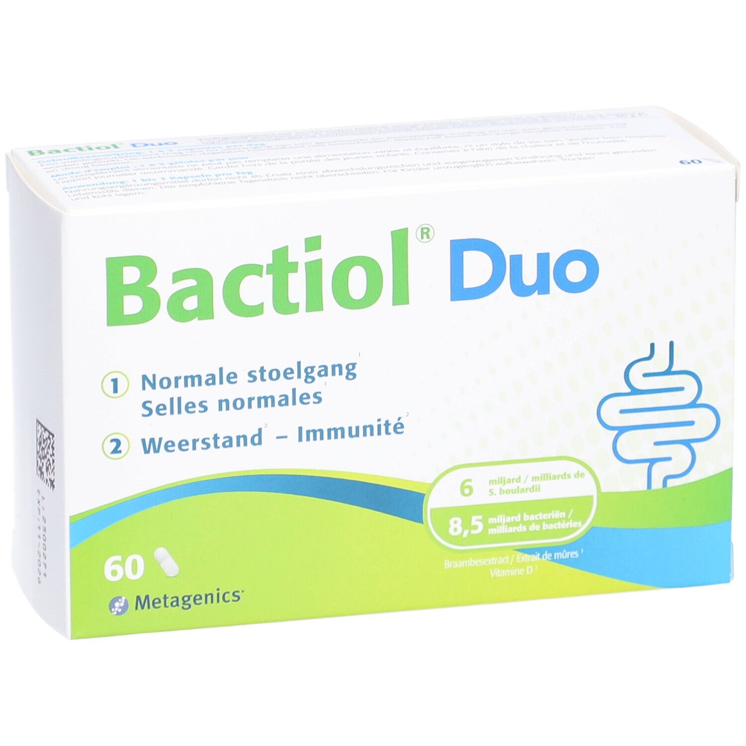 Boîte de Bactioli Duo. Inscription : 60 gélules. Emballage vert et blanc. Symbole intestinal.