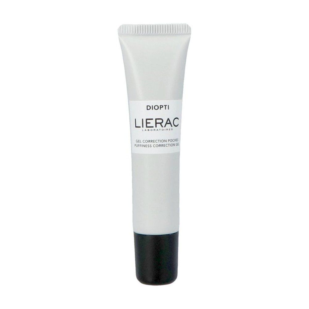 Tube blanc avec bouchon noir. Inscriptions: DIOPTI, LIERAC, GEL CORRECTION POCHES, PUFFINESS CORRECTION GEL.