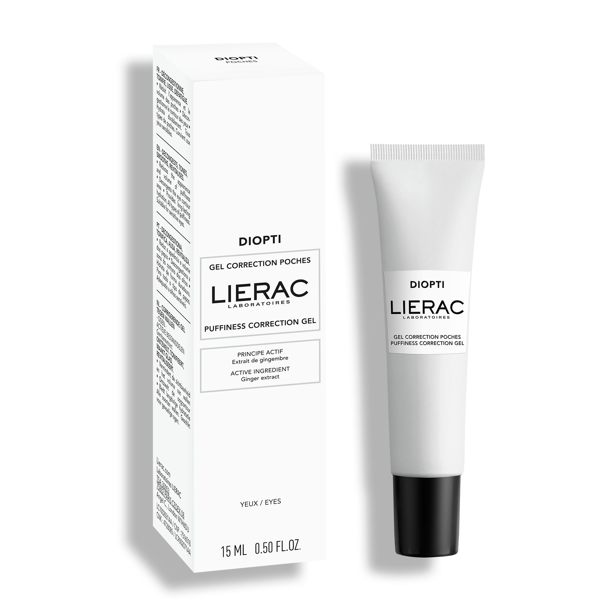 Produit avec emballage. Tube blanc, bouchon noir. Inscriptions: DIOPTI, LIERAC, GEL CORRECTION POCHES, PUFFINESS CORRECTION GEL. Boîte avec texte.