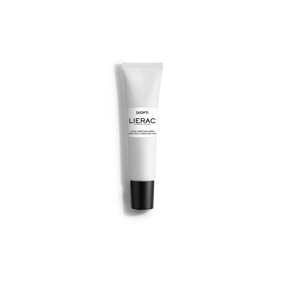 Witte tube met zwarte dop. Opschrift: DIOPTI, LIERAC. Product voor correctie van donkere kringen.