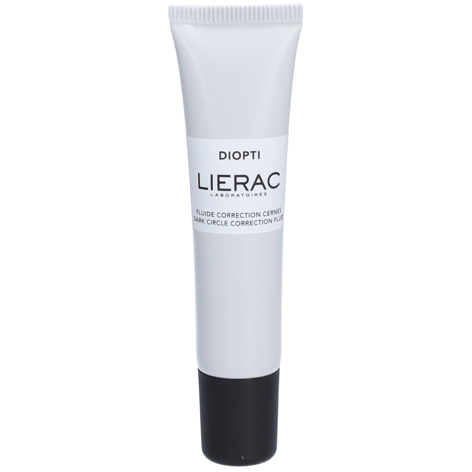 Witte tube met zwarte dop. Opschrift: DIOPTI, LIERAC, Fluide Correction Cernes. Product voor donkere kringen.