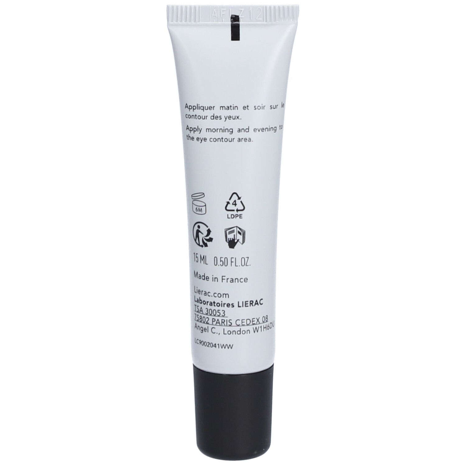 Achterkant tube. Tekst: toepassing, ingrediënten, fabrikantinfo, 15 ml, 0.50 FL.OZ. Made in France. Recyclingsymbolen.