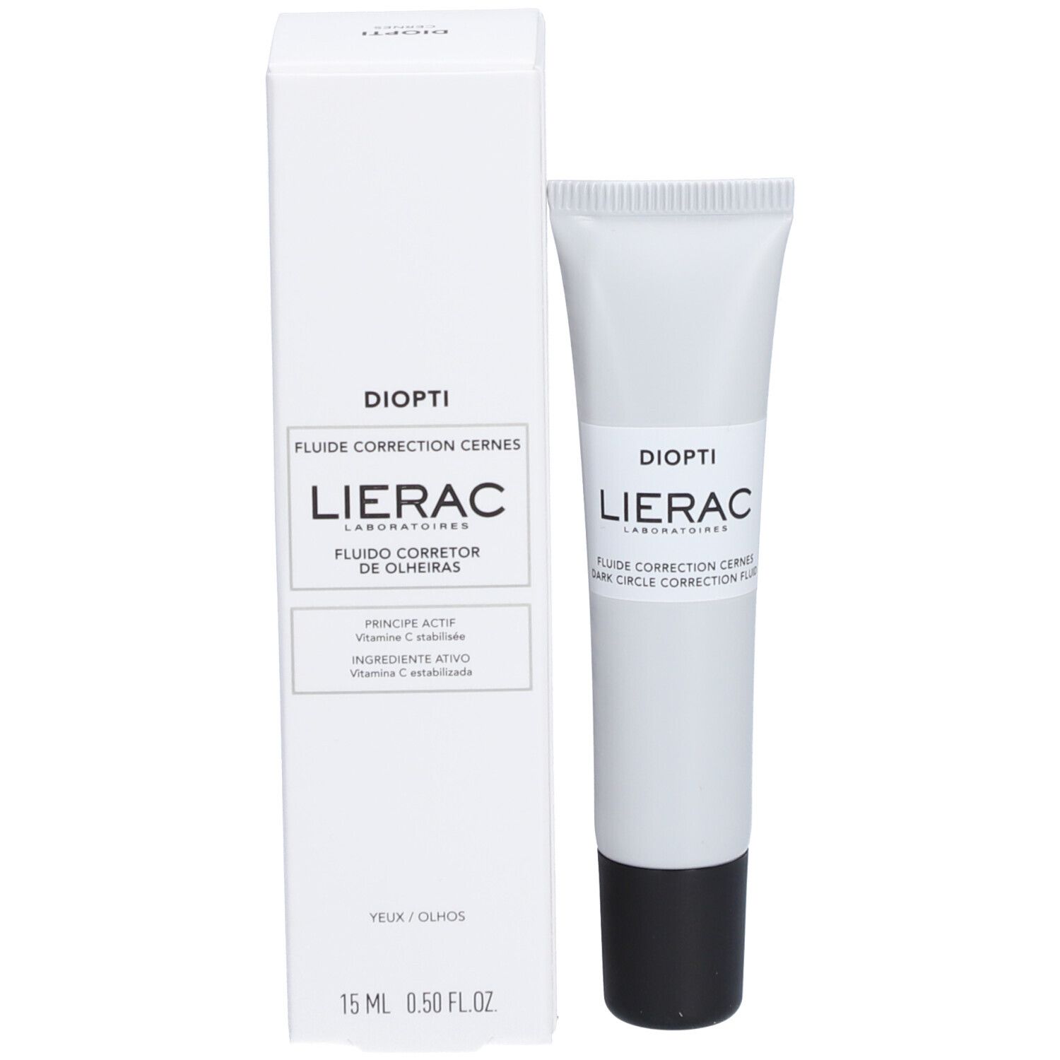 Witte verpakking en tube. Opschrift: DIOPTI, LIERAC, Fluide Correction Cernes. Product voor donkere kringen. 15 ml.