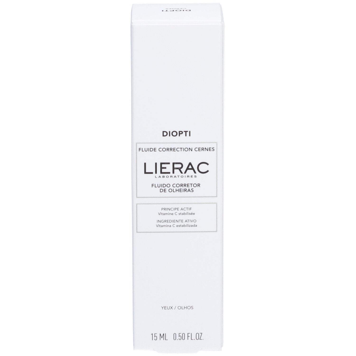 Witte verpakking. Opschrift: DIOPTI, LIERAC, Fluide Correction Cernes. Product voor donkere kringen. 15 ml, 0.50 FL.OZ.