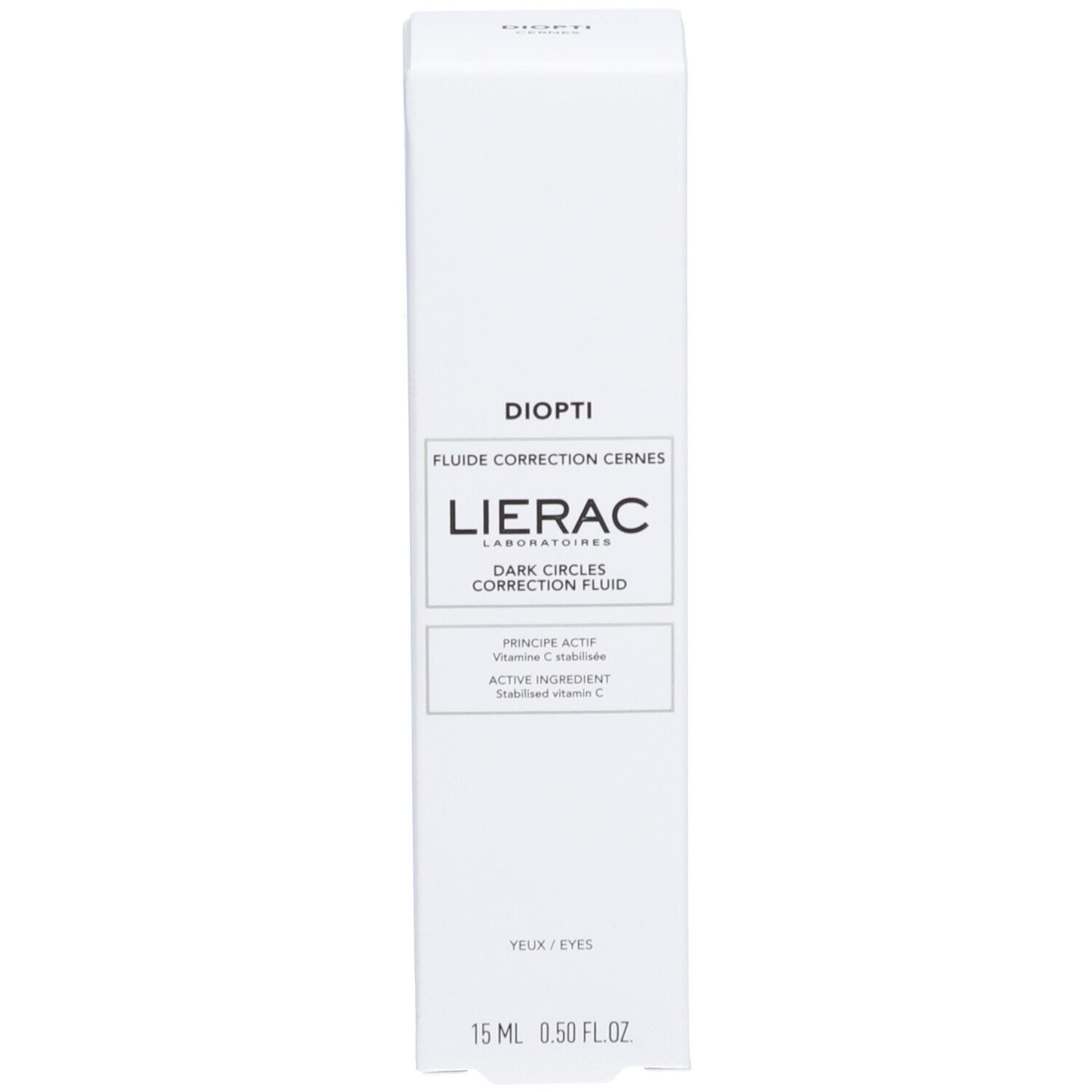Witte verpakking. Opschrift: DIOPTI, LIERAC, Dark Circles Correction Fluid. Product voor donkere kringen. 15 ml, 0.50 FL.OZ.