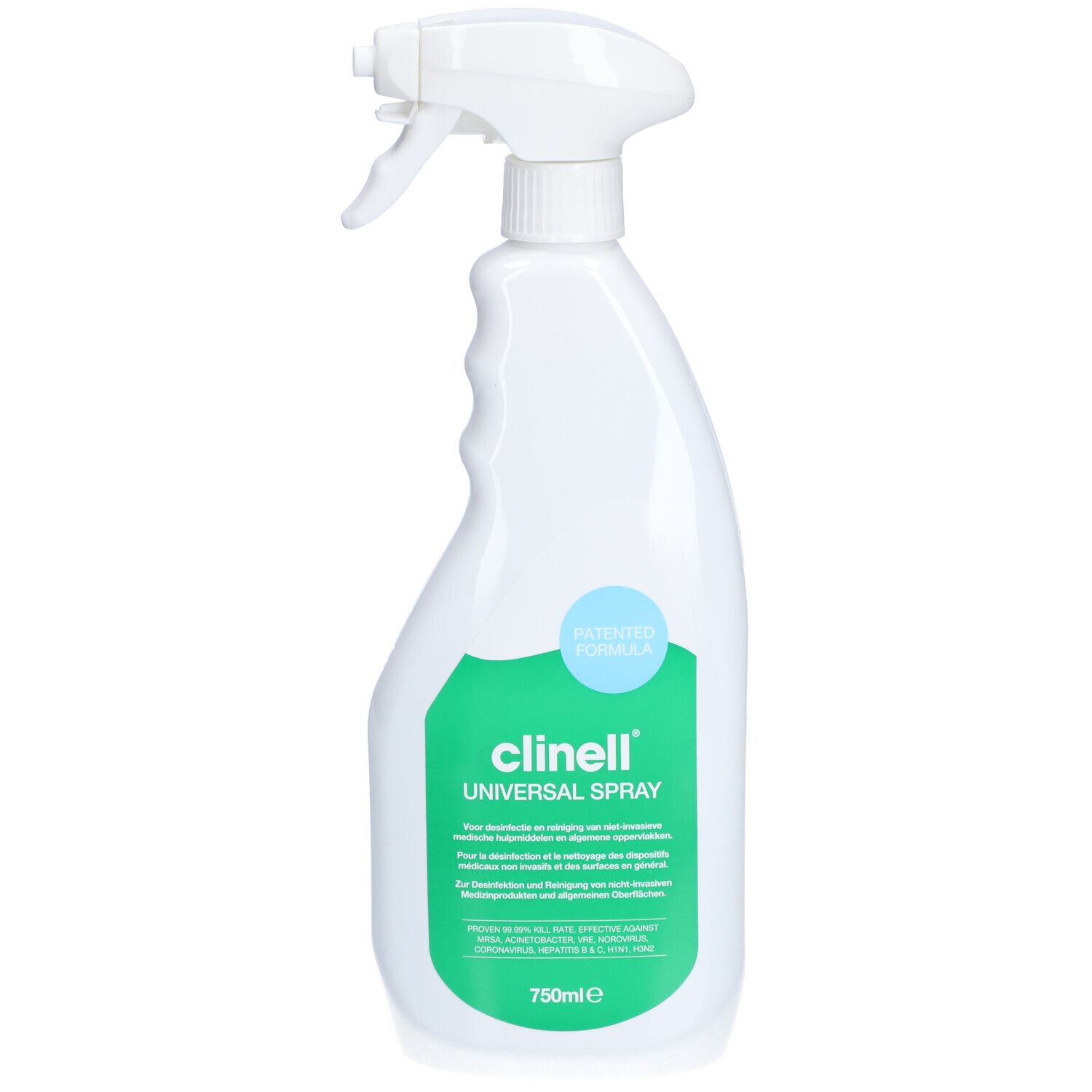 Flacon pulvérisateur blanc avec étiquette verte. Inscription: Clinell Universal Spray. Cercle bleu avec texte. 750ml.
