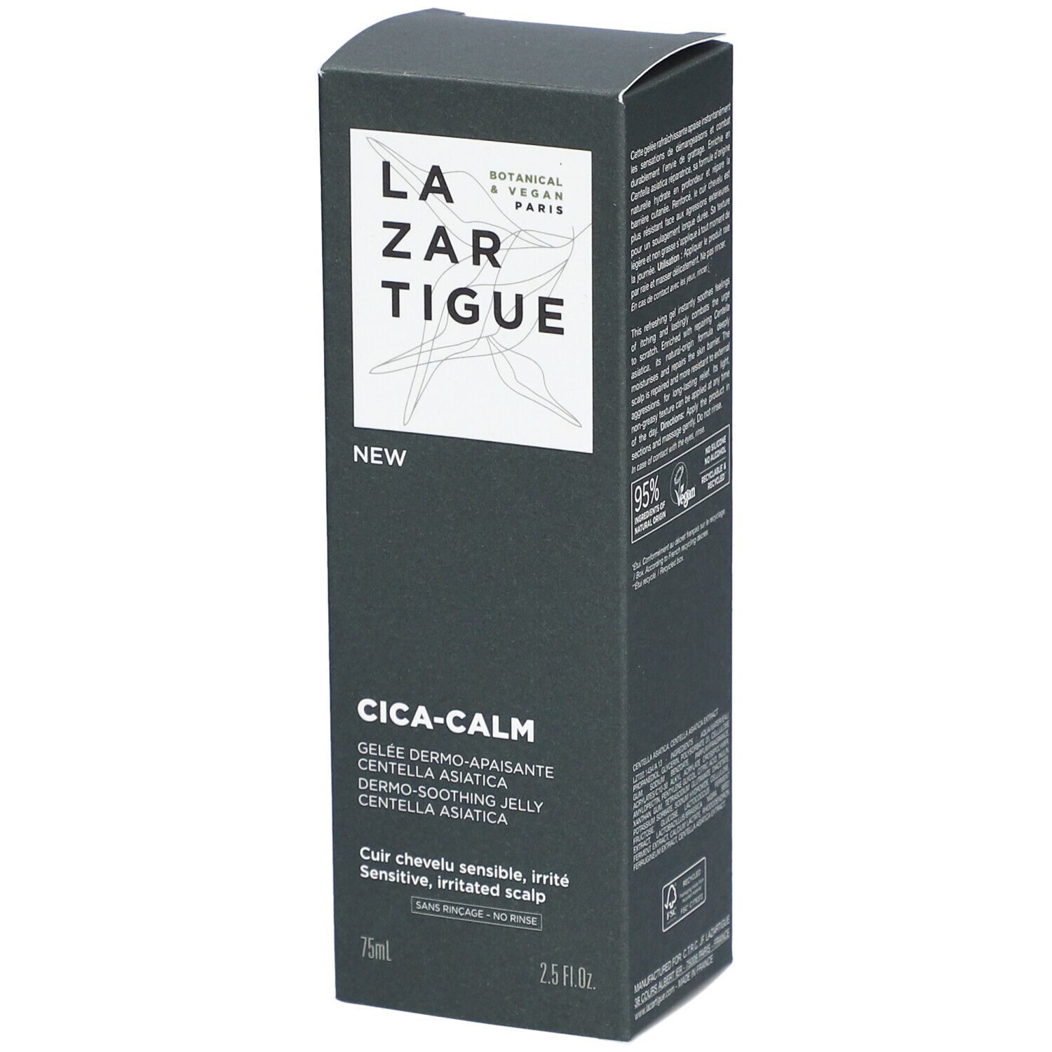 Dunkelgraue Produktverpackung mit weißem Logo und Text. "CICA-CALM" und "GELÉE DERMO-APAISANTE" sind sichtbar. 75ml und 2.5 fl.oz.