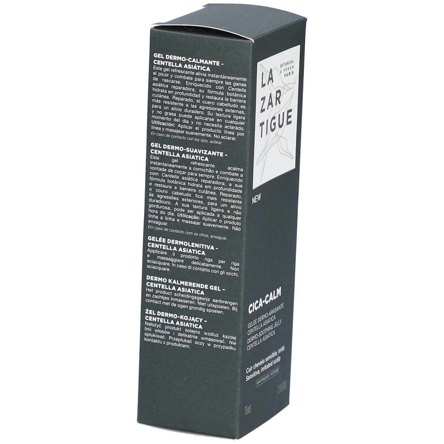 Dunkelgraue Produktverpackung mit Text in mehreren Sprachen. "CICA-CALM" und Produktbeschreibungen sind sichtbar. 75ml und 2.5 fl.oz.