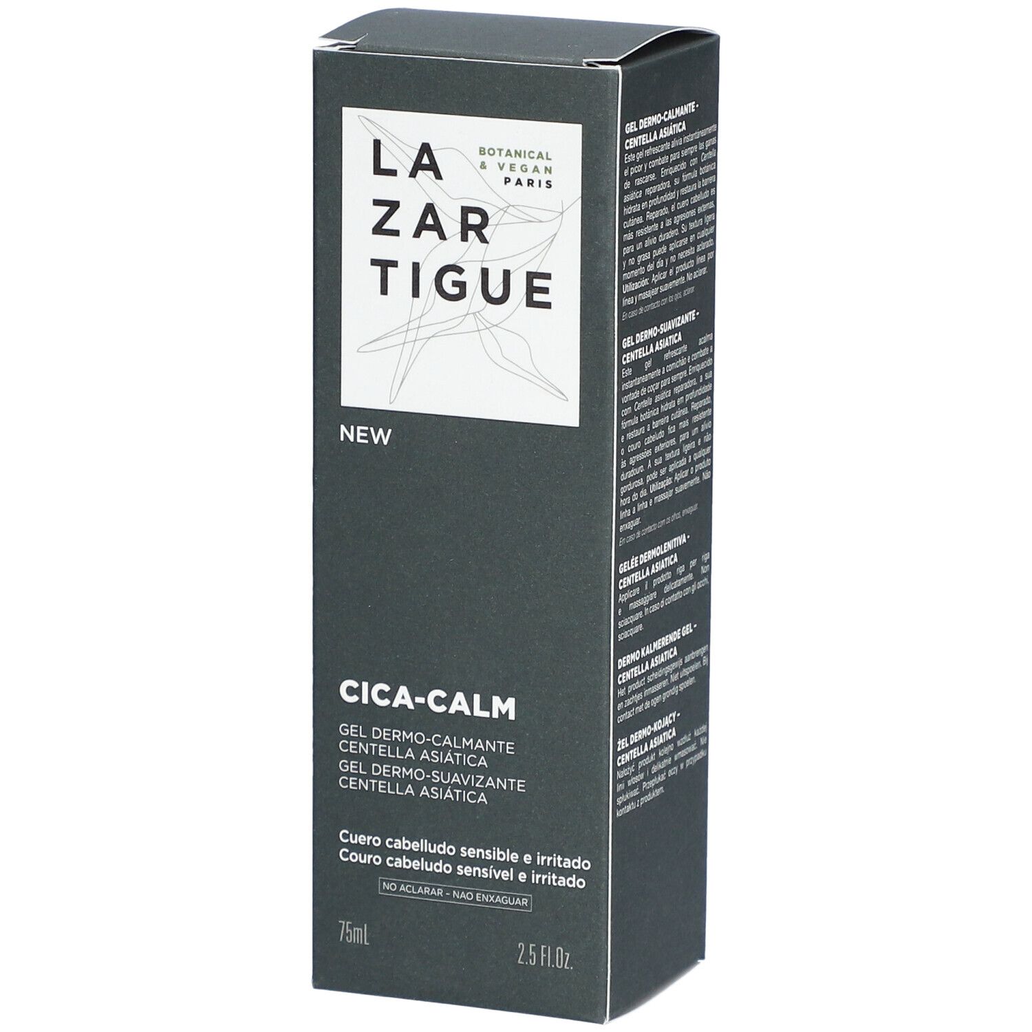 Dunkelgraue Produktverpackung mit weißem Logo und Text. "CICA-CALM" und Produktbeschreibungen sind sichtbar. 75ml und 2.5 fl.oz.