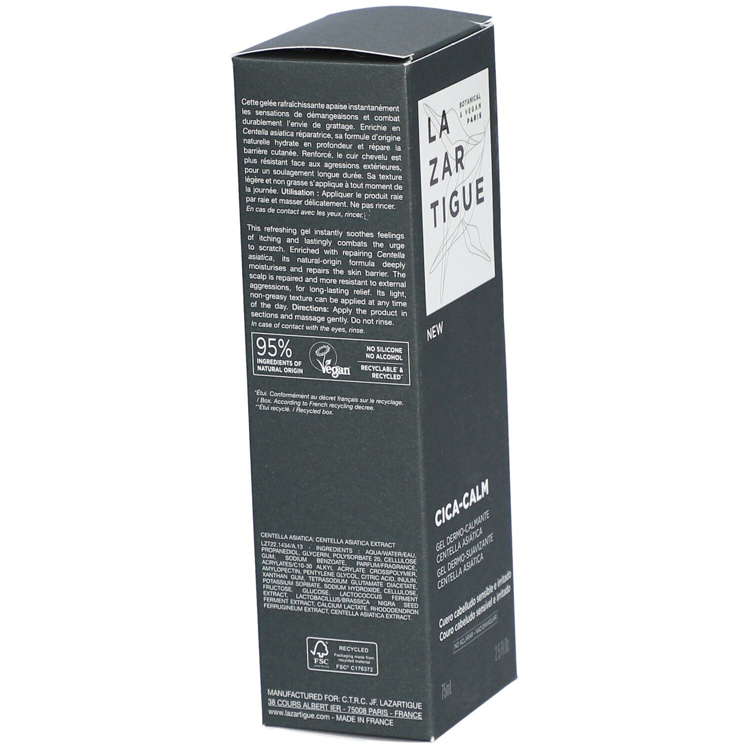 Dunkelgraue Produktverpackung mit weißem Logo und Text. "CICA-CALM" und Produktbeschreibungen sind sichtbar. 95% Inhaltsstoffe natürlichen Ursprungs.