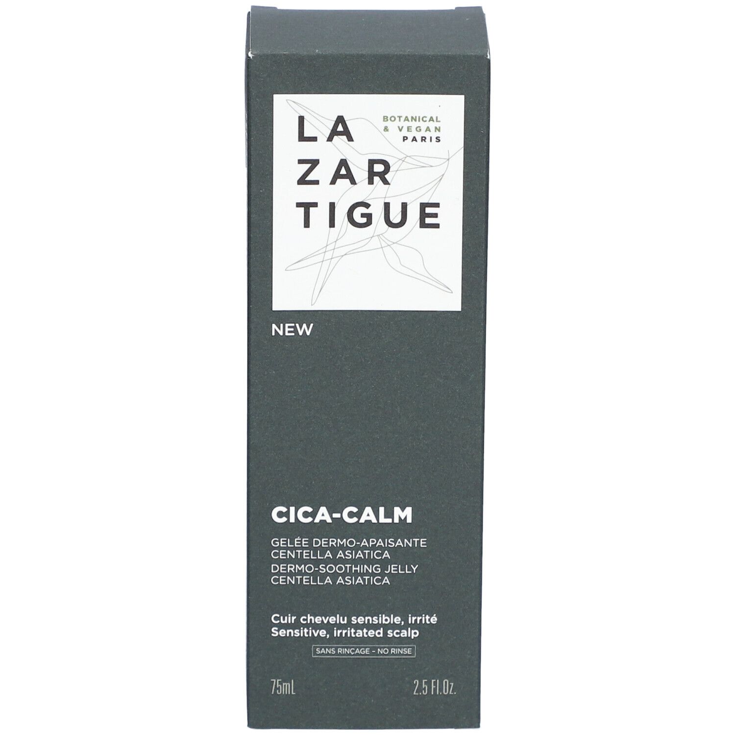Dunkelgraue Produktverpackung mit weißem Logo und Text. "CICA-CALM" und "GELÉE DERMO-APAISANTE" sind sichtbar. 75ml und 2.5 fl.oz.