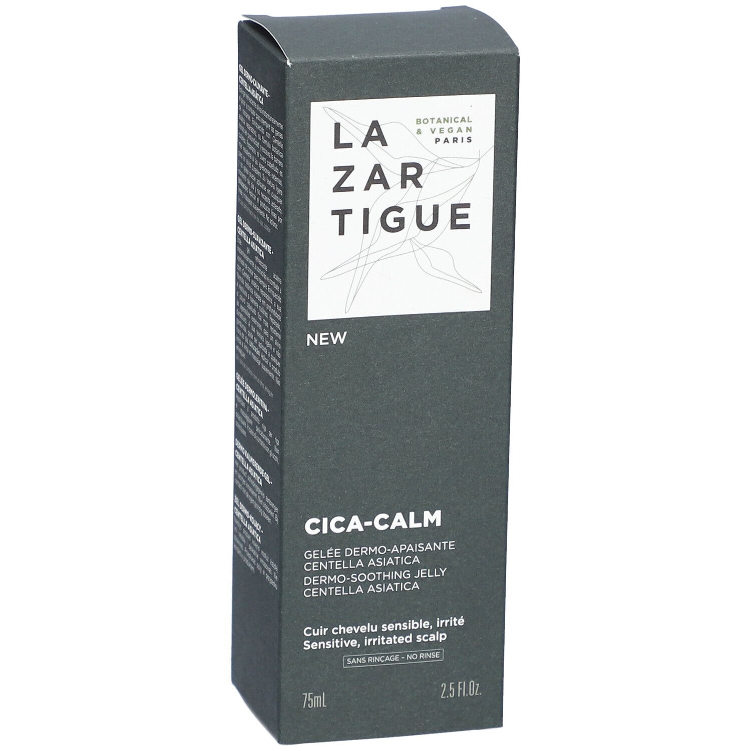 Dunkelgraue Produktverpackung mit weißem Logo und Text. "CICA-CALM" und Produktbeschreibungen sind sichtbar. 75ml und 2.5 fl.oz.