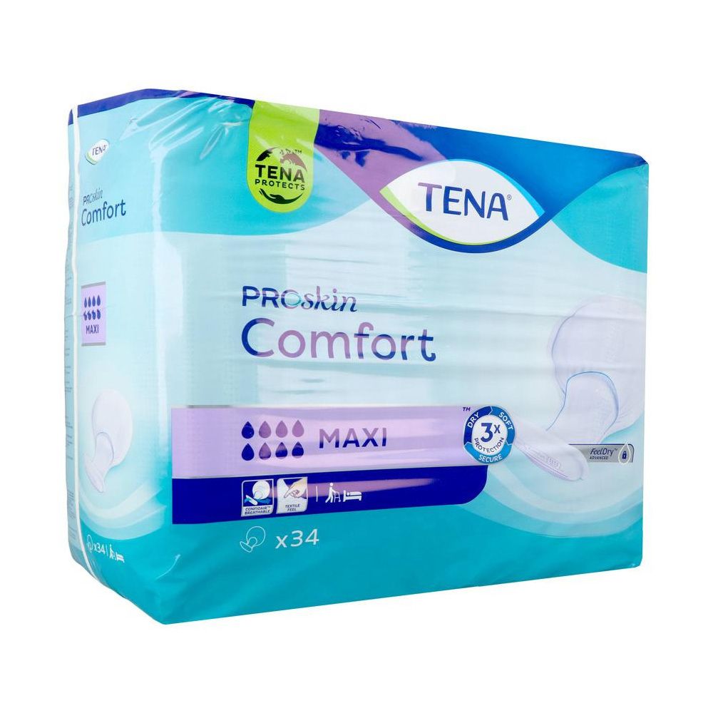Paquet de TENA ProSkin Comfort Maxi. Emballage bleu avec nom du produit et indication d'absorption. Contient 34 unités.