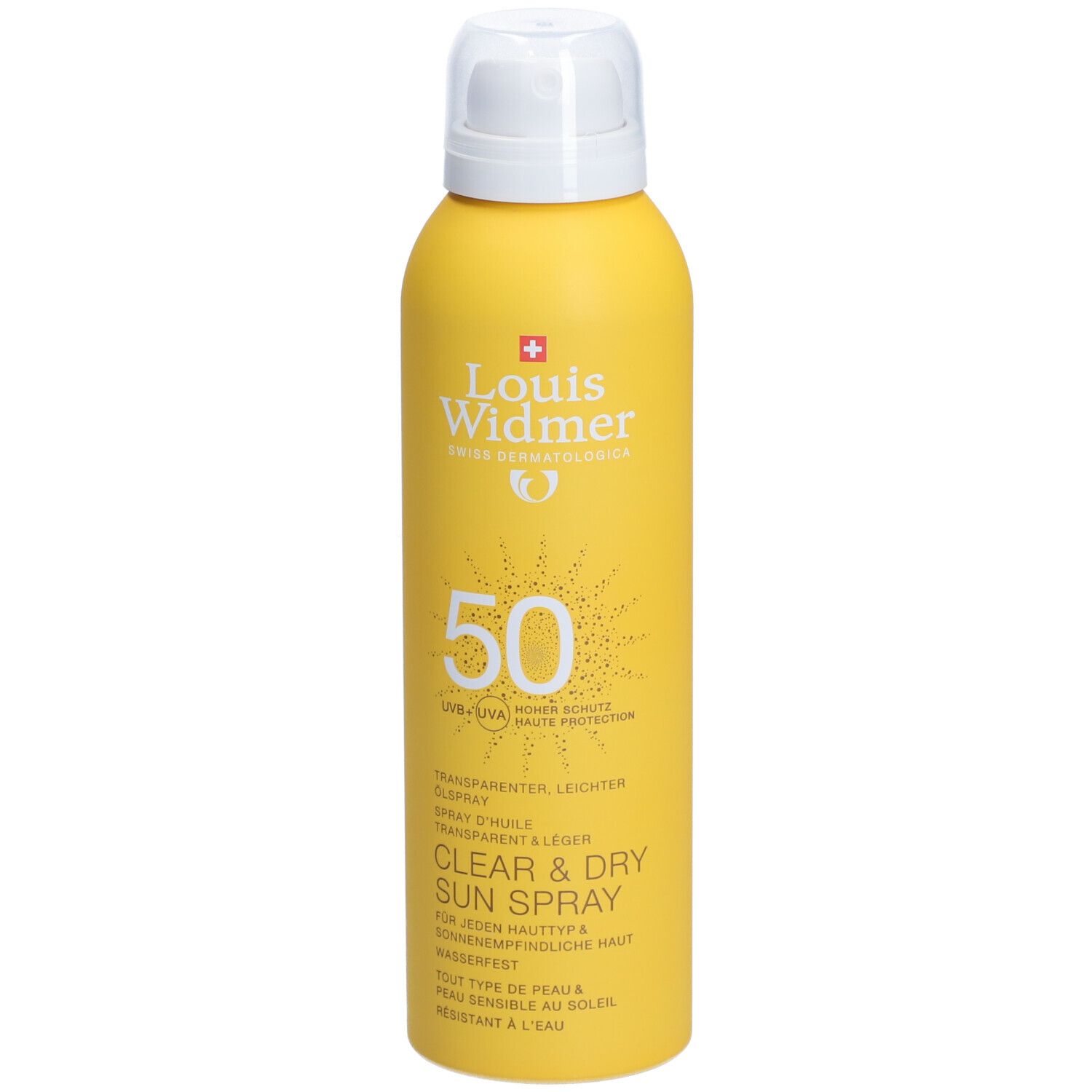 Gele sprayfles met witte dop. Opschrift: Louis Widmer, 50 SPF, Clear & Dry Sun Spray.