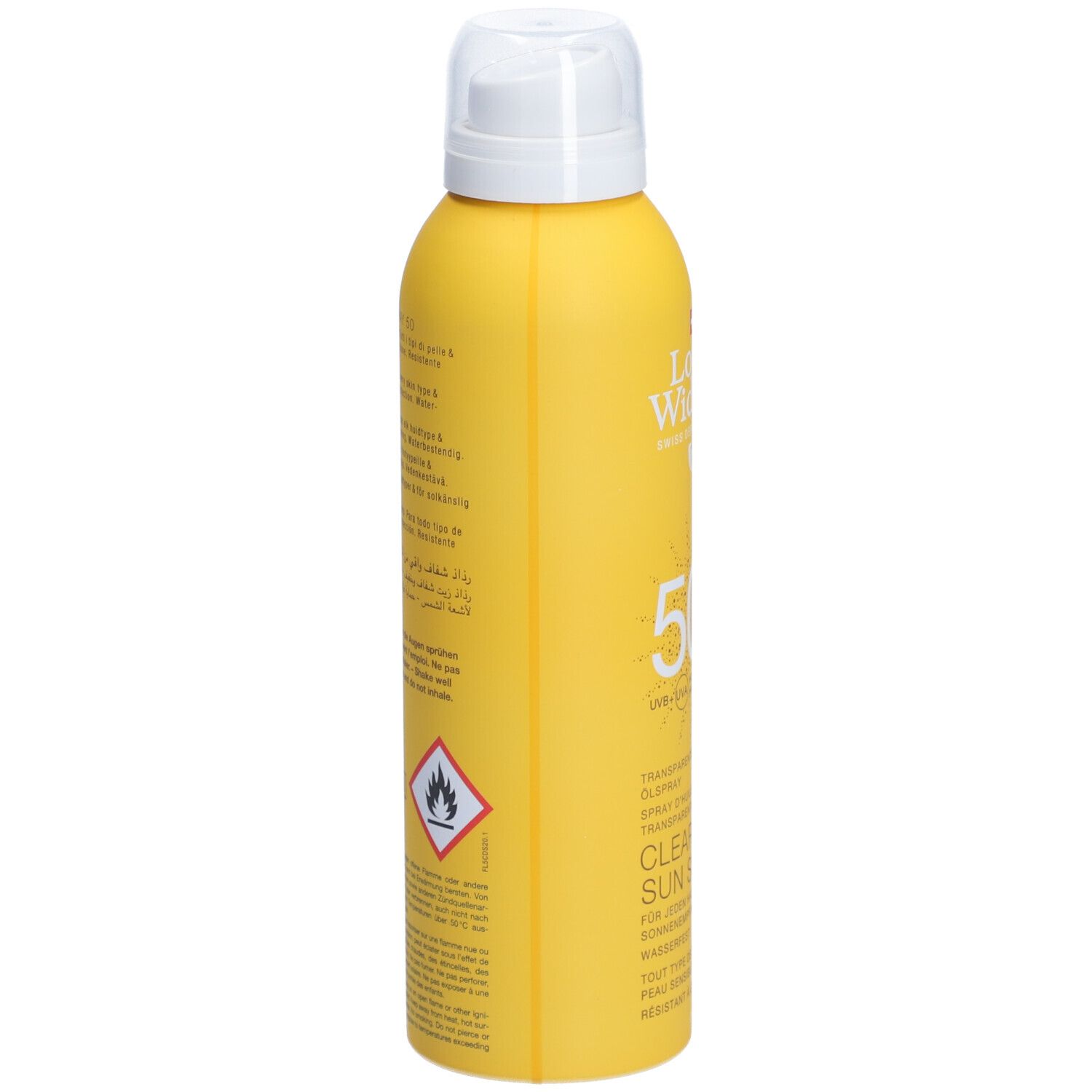 Gele sprayfles met witte dop. Opschriften en waarschuwingen op de zijkant.