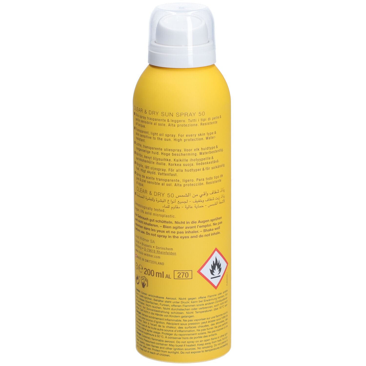 Gele sprayfles met witte dop. Opschriften en waarschuwingen op de achterkant.
