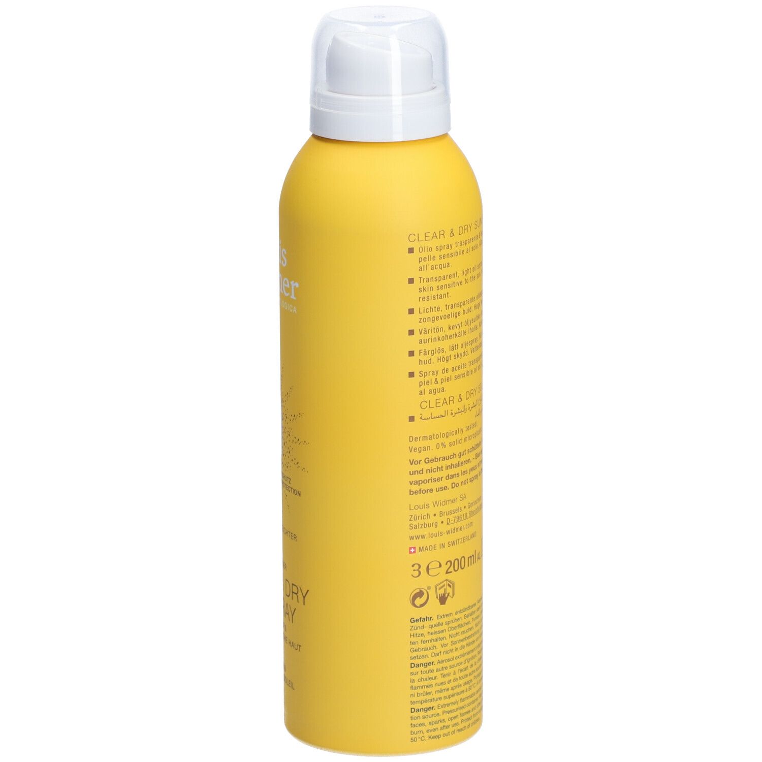 Gele sprayfles met witte dop. Opschriften en tekst op de zijkant.