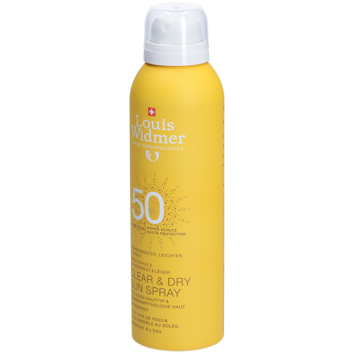 Gele sprayfles met witte dop. Opschrift: Louis Widmer, 50 SPF, Clear & Dry Sun Spray.