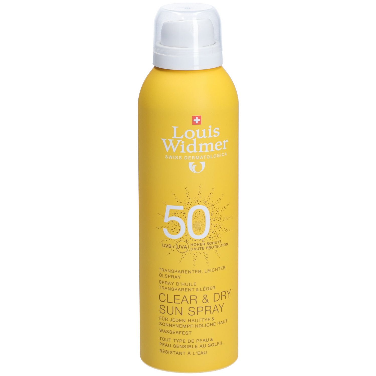 Gele sprayfles met witte dop. Opschrift: Louis Widmer, 50 SPF, Clear & Dry Sun Spray.