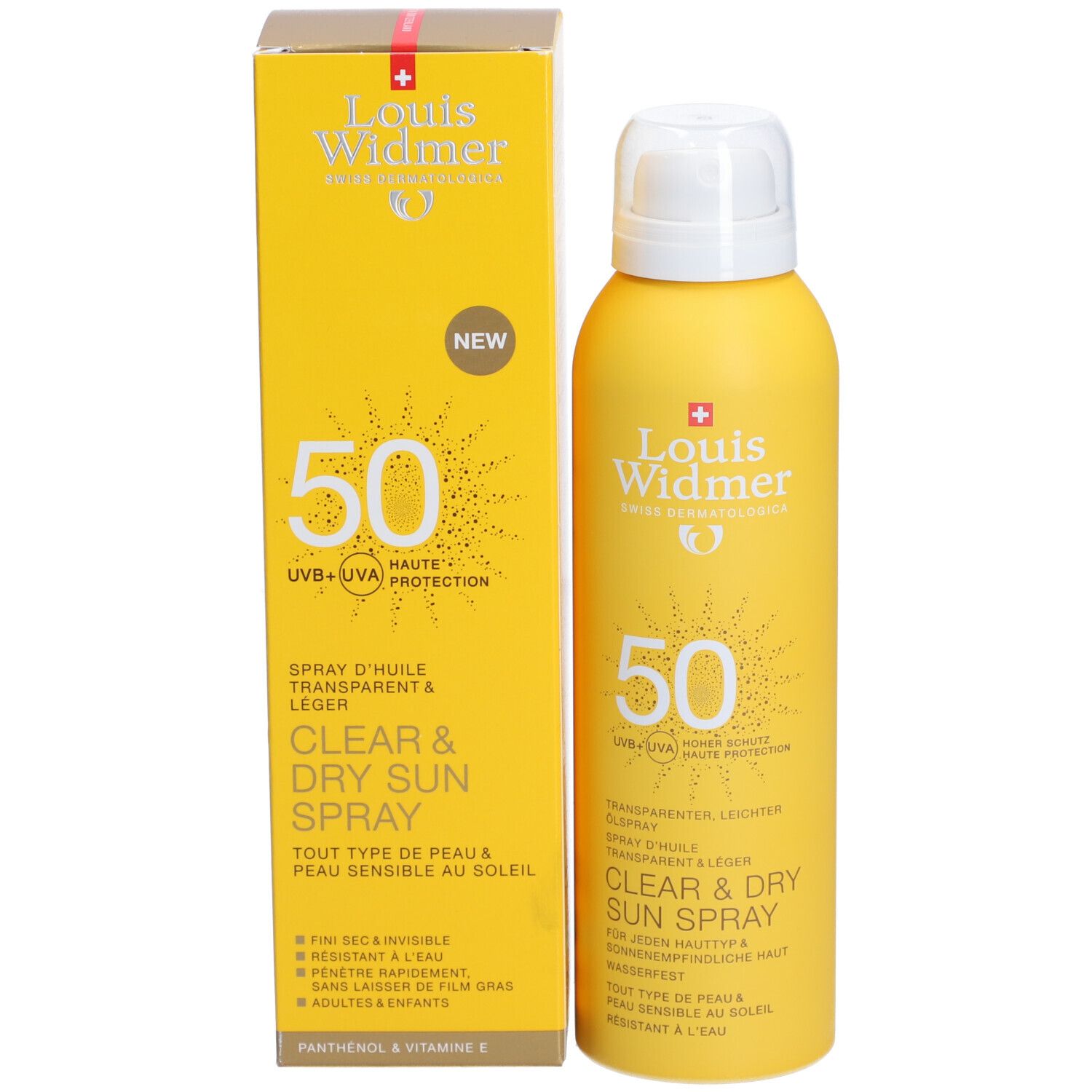 Gele sprayfles en doos. Opschrift: Louis Widmer, 50 SPF, Clear & Dry Sun Spray. Nieuw.