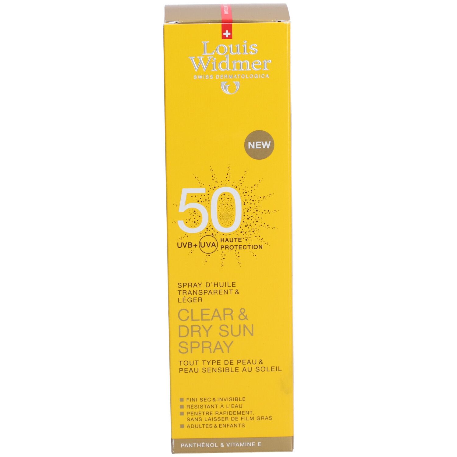 Gele kartonnen verpakking. Opschrift: Louis Widmer, 50 SPF, Clear & Dry Sun Spray. Nieuw.
