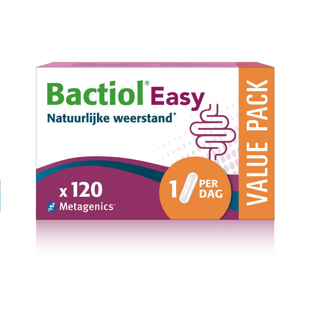 Verpackung von Bactiol Easy. Aufschrift: 120 Kapseln, 1x/Tag, 5 Milliarden Bakterien, Vitamin D.