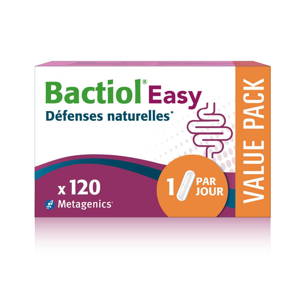 Boîte Bactiol Easy, 120 gélules, 1/jour. Ingrédients : Défenses naturelles. Avec logo Metagenics.
