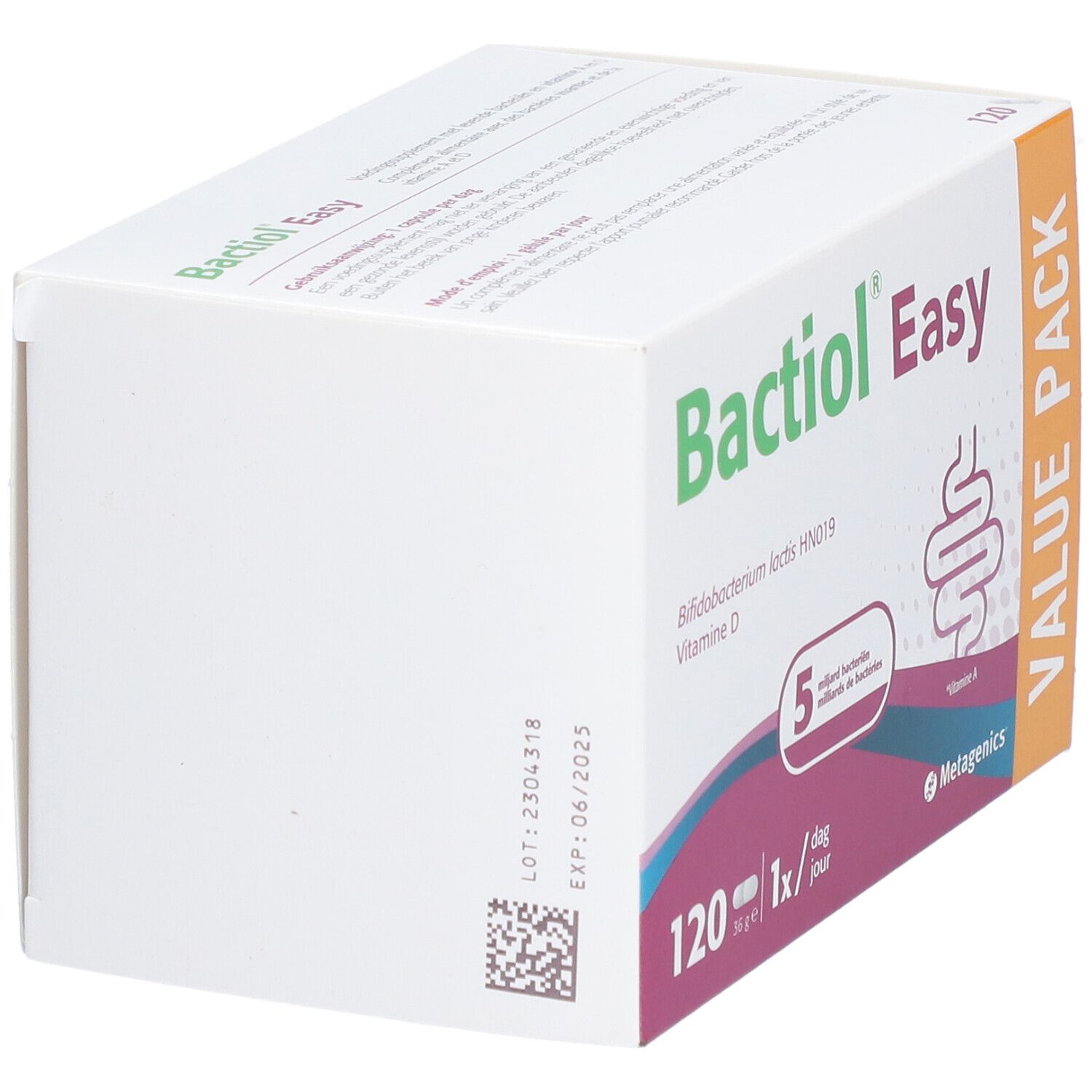 Boîte blanche Bactiol Easy. Ingrédients : Bifidobacterium lactis HN019, vitamine D, 5 milliards de bactéries. Logo Metagenics.