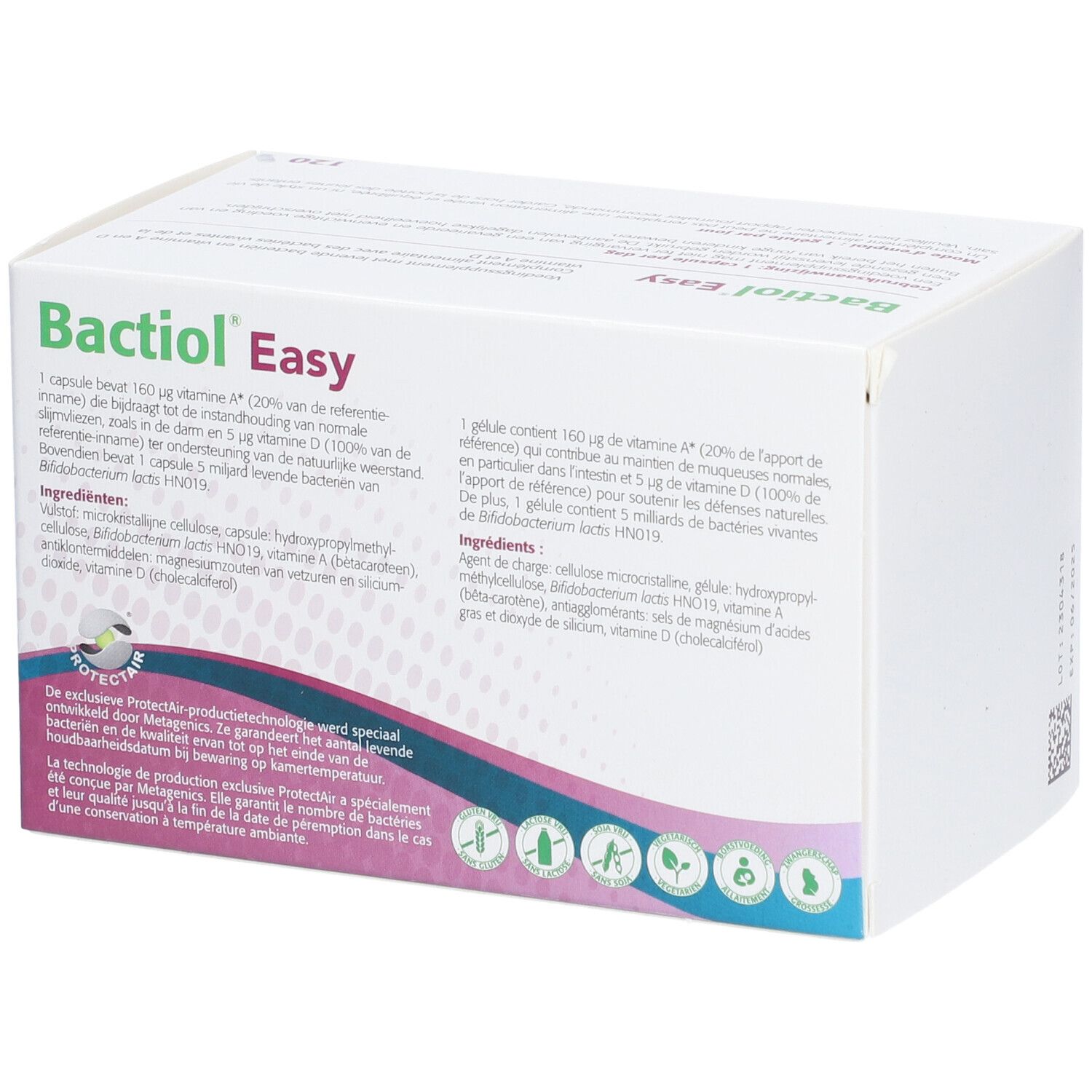 Dos de l'emballage Bactiol Easy. Texte : 1 gélule contient 160 µg vitamine A et 5 µg vitamine D. Ingrédients et logos.