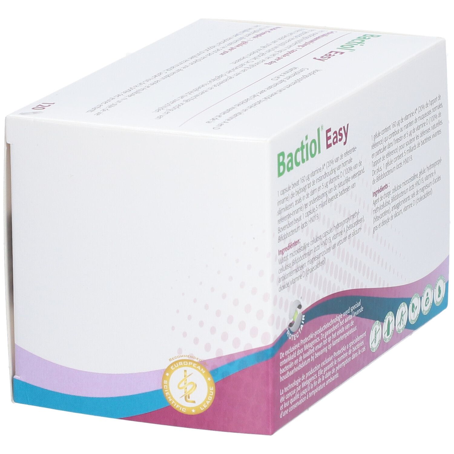 Dos de l'emballage Bactiol Easy. Texte : 1 gélule contient 160 µg vitamine A et 5 µg vitamine D. Ingrédients et logos.
