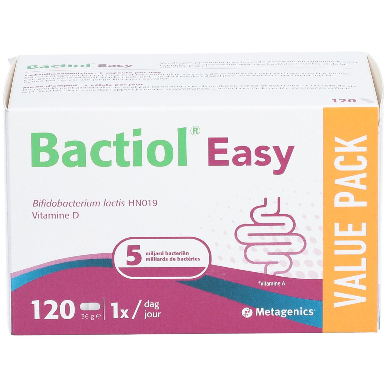 Boîte blanche Bactiol Easy, 120 gélules, 1x/jour. Ingrédients : Bifidobacterium lactis HN019, vitamine D, 5 milliards de bactéries.