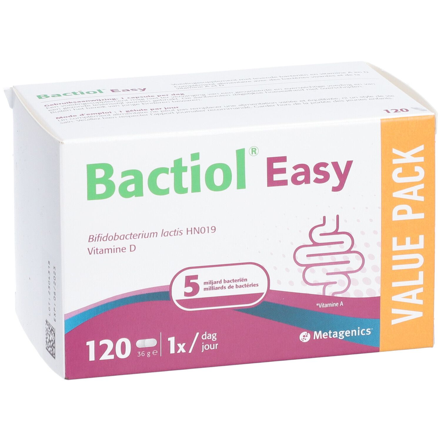Boîte blanche Bactiol Easy, 120 gélules, 1x/jour. Ingrédients : Bifidobacterium lactis HN019, vitamine D, 5 milliards de bactéries.