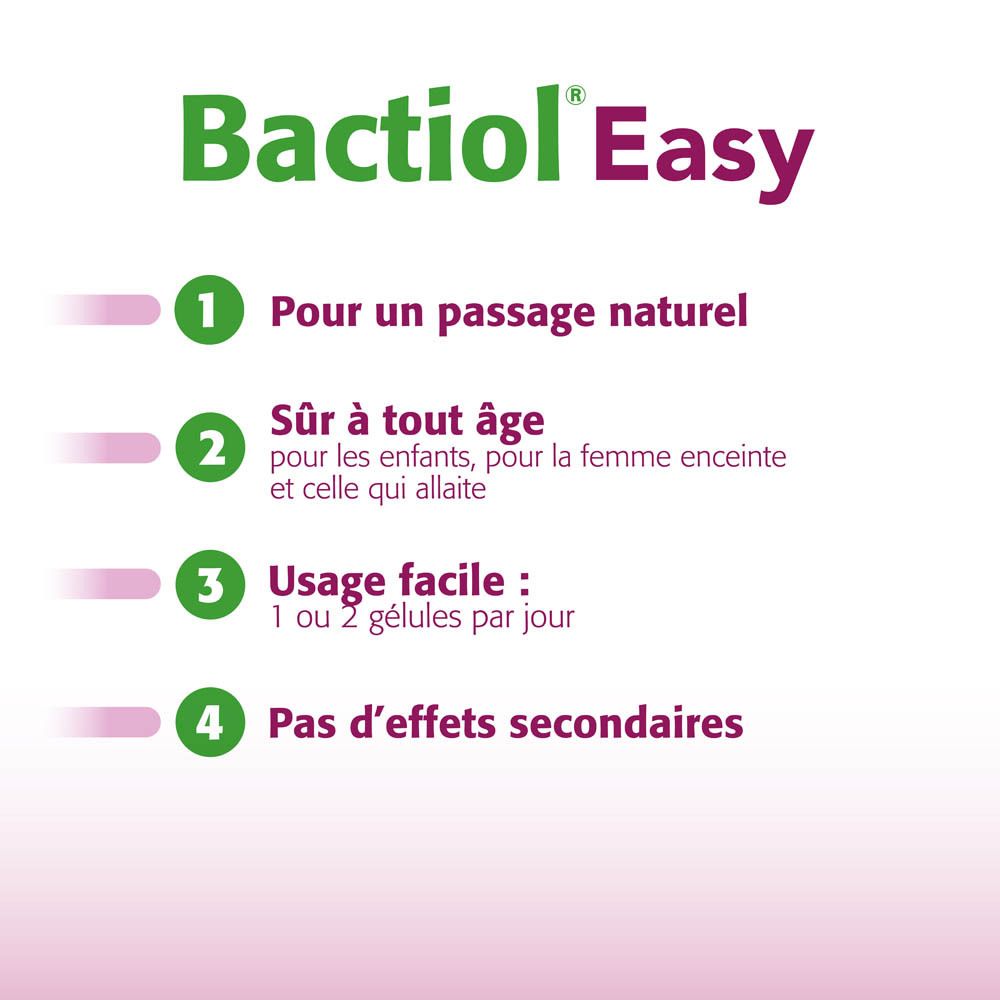 Infographie : 4 avantages de Bactiol Easy. 1. Passage naturel. 2. Sûr pour tous les âges. 3. Facile à utiliser. 4. Pas d'effets secondaires.